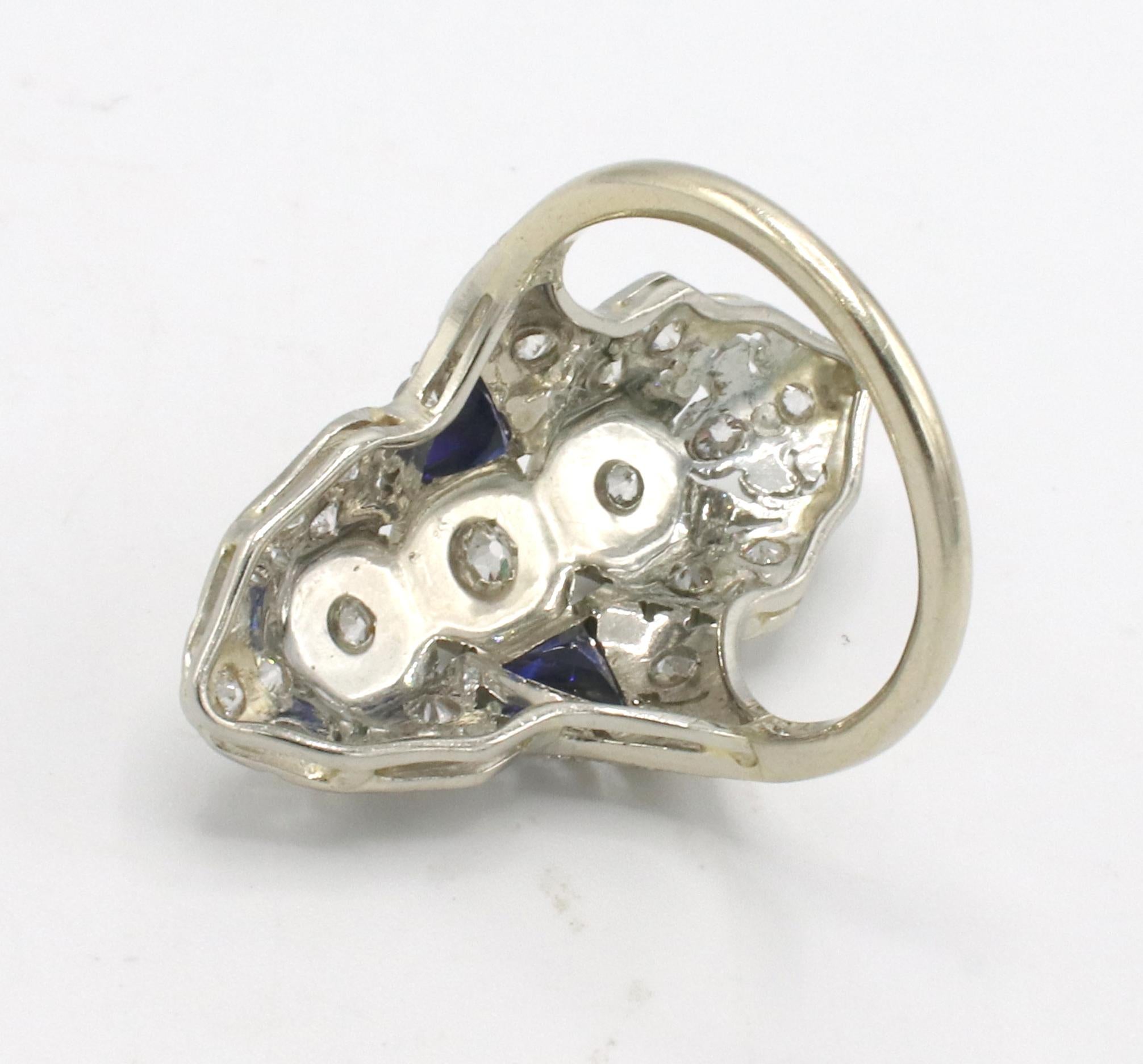 Edwardian Antique White Gold Old European Cut Natural Diamond & Blue Sapphire Navette Ring