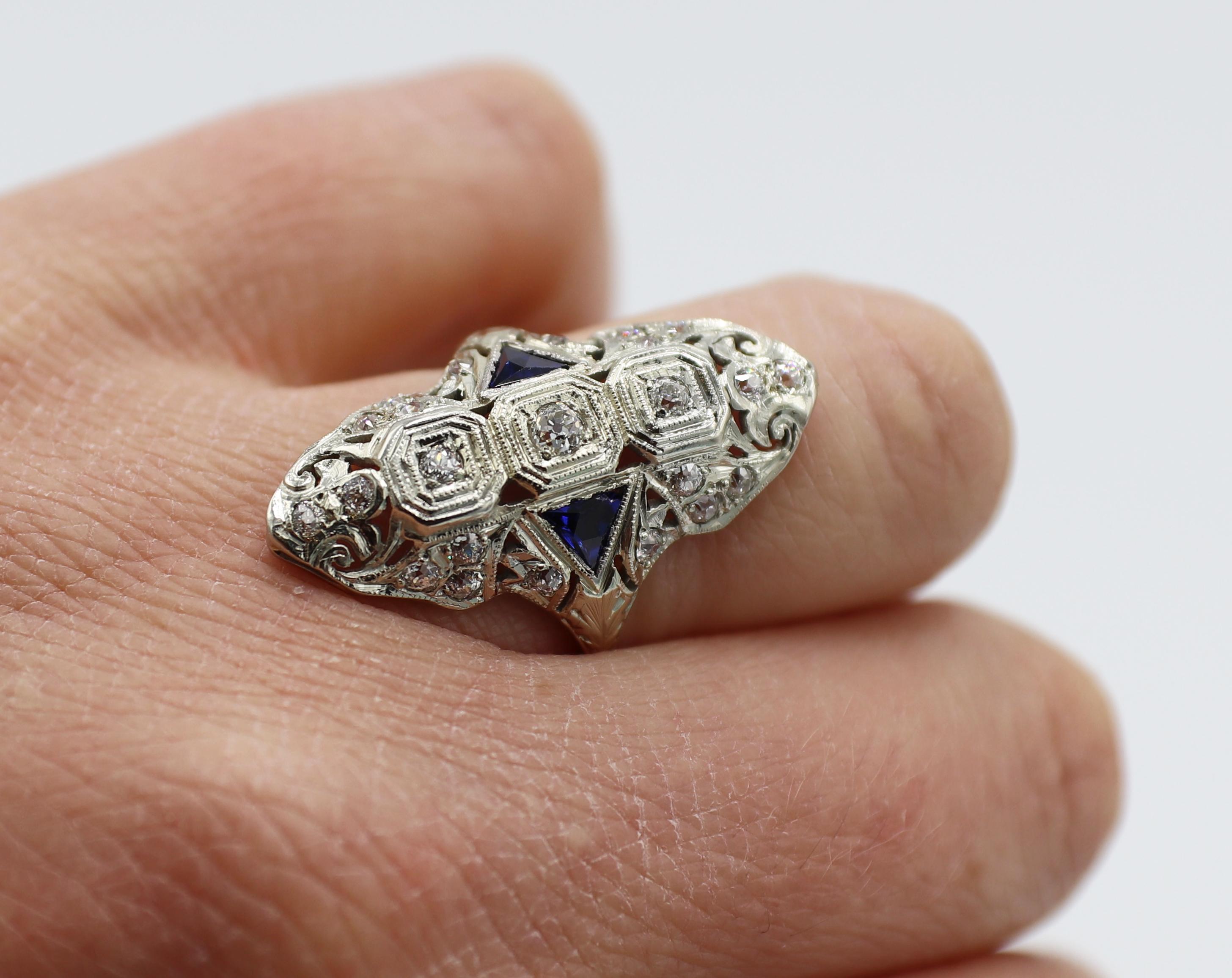 Antique White Gold Old European Cut Natural Diamond & Blue Sapphire Navette Ring In Good Condition In  Baltimore, MD