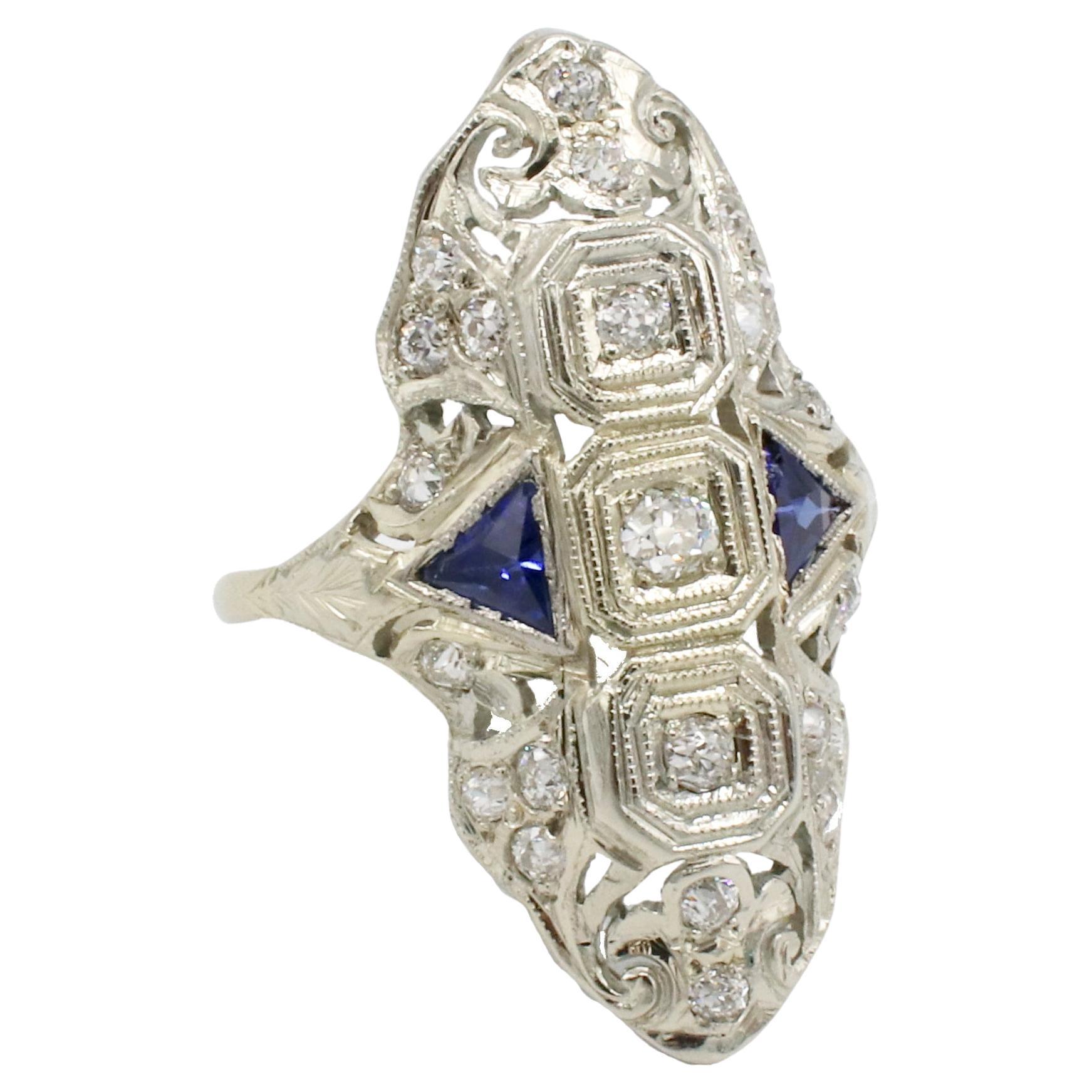 Antique White Gold Old European Cut Natural Diamond & Blue Sapphire Navette Ring