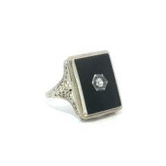 Antique White Gold Rectangular Black Onyx & Old Mine Diamond Filigree Work Ring