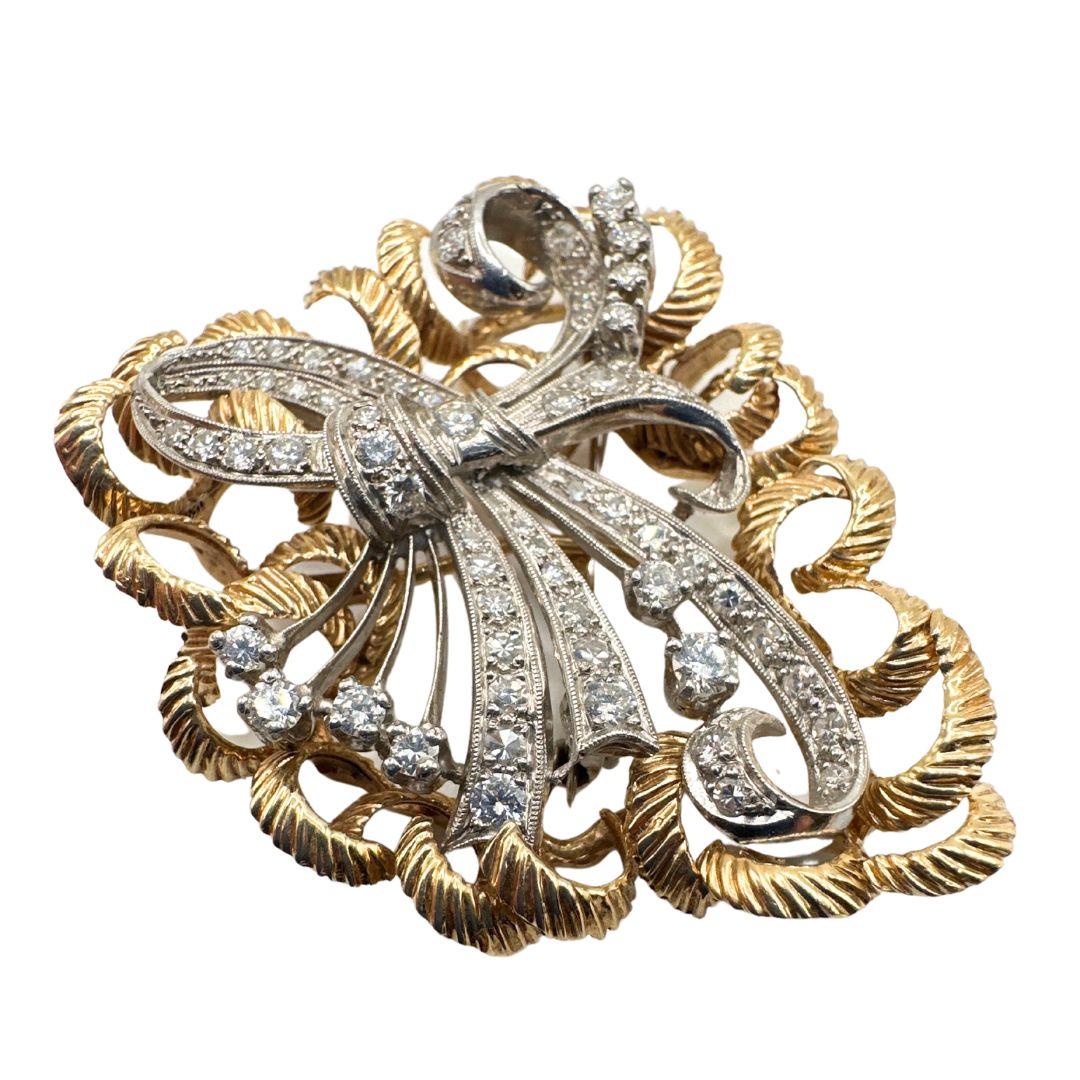 Art Deco Antique White Gold & Yellow Gold Brooch with Approx. 60 Diamonds For Sale