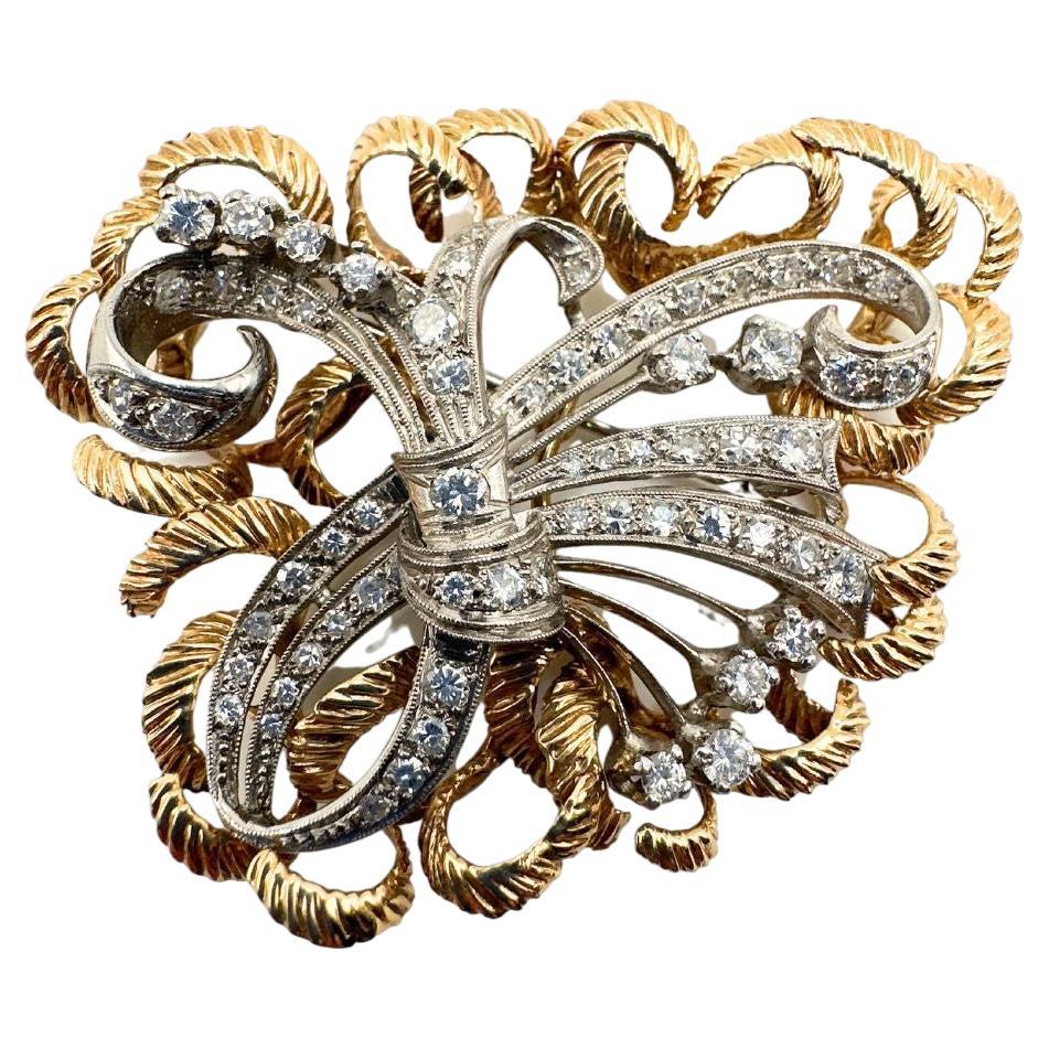 Antique White Gold & Yellow Gold Brooch with Approx. 60 Diamonds For Sale