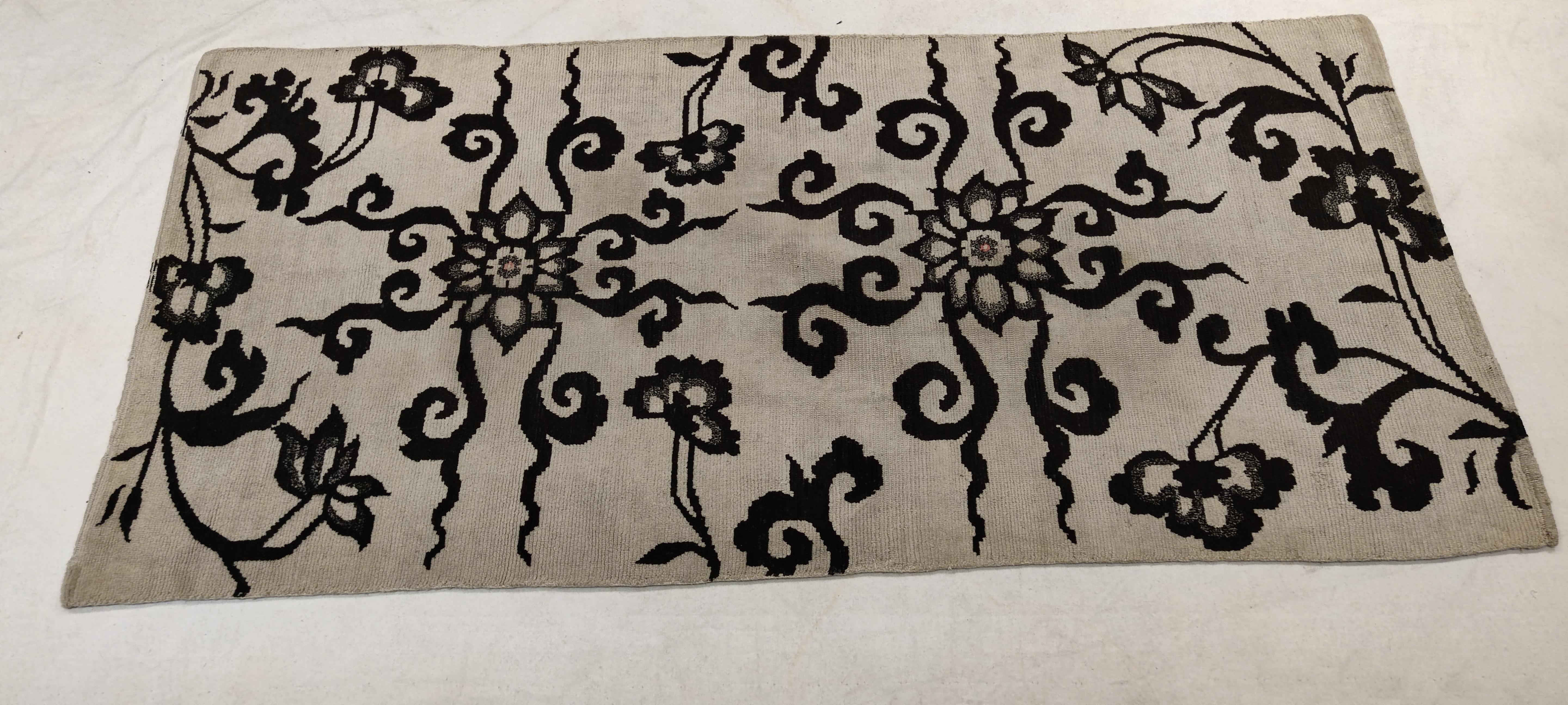 Hand-Knotted Antique White Ground Tibetan Khaden Rug with Black Lotus Flowers and Tendrils