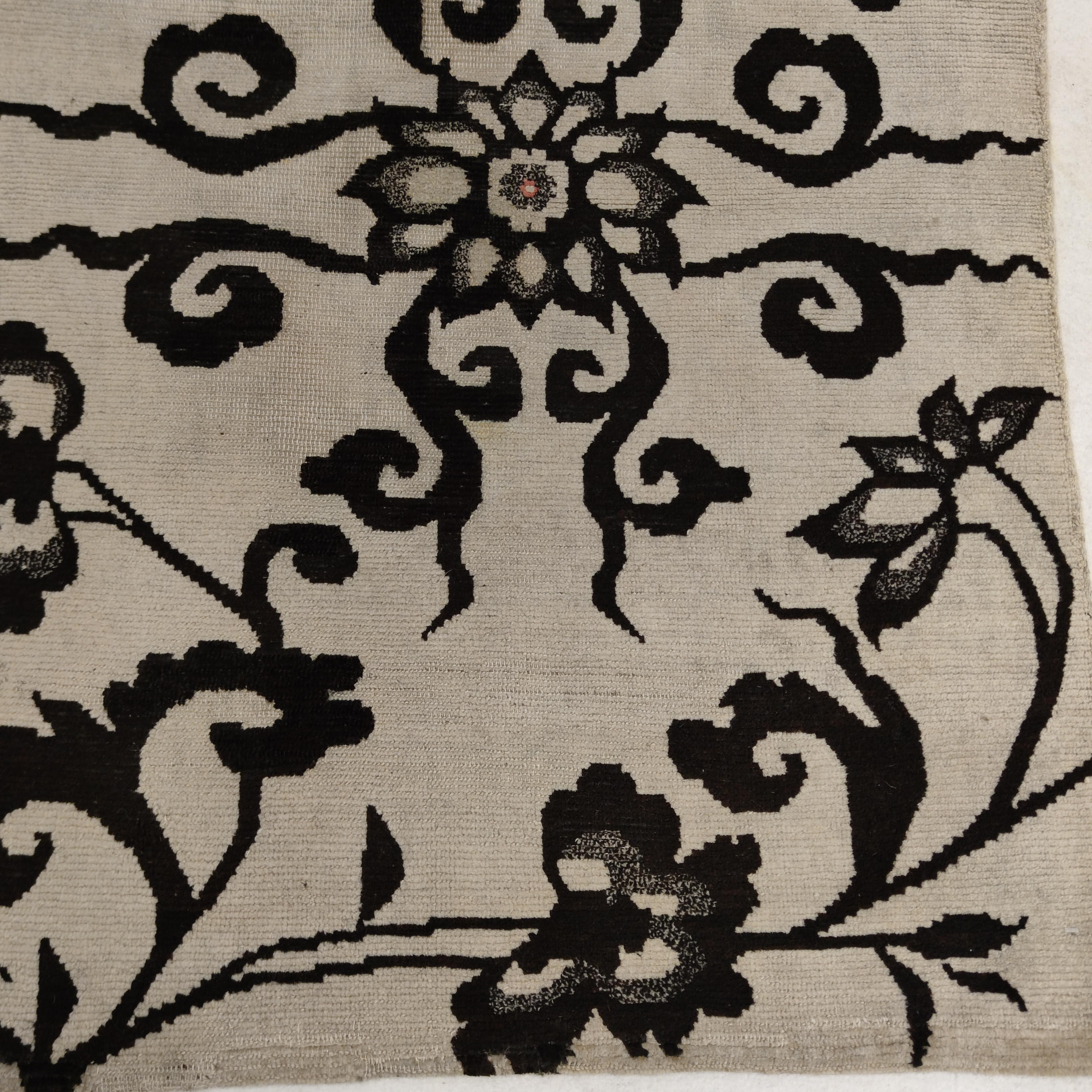 Late 19th Century Antique White Ground Tibetan Khaden Rug with Black Lotus Flowers and Tendrils