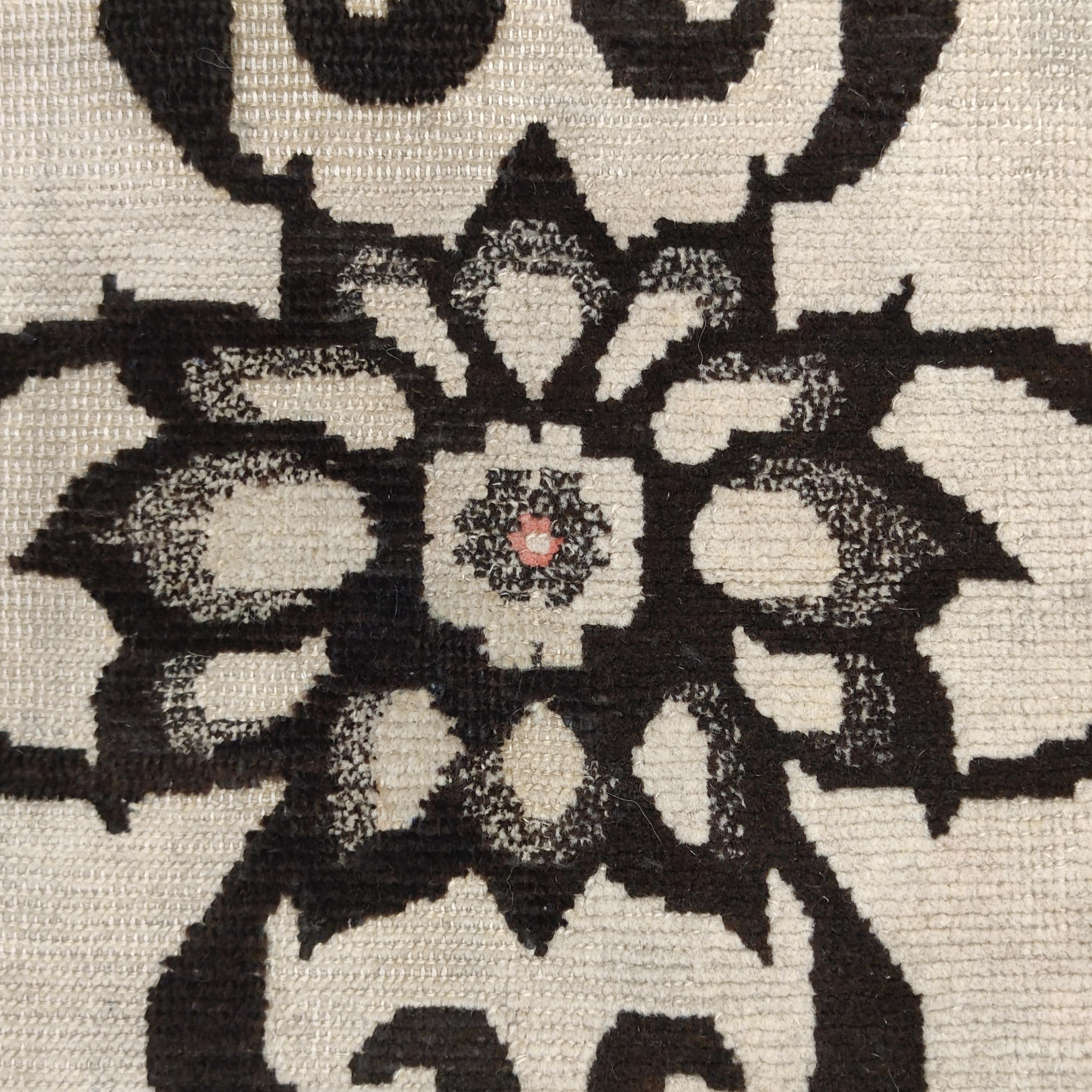 Wool Antique White Ground Tibetan Khaden Rug with Black Lotus Flowers and Tendrils