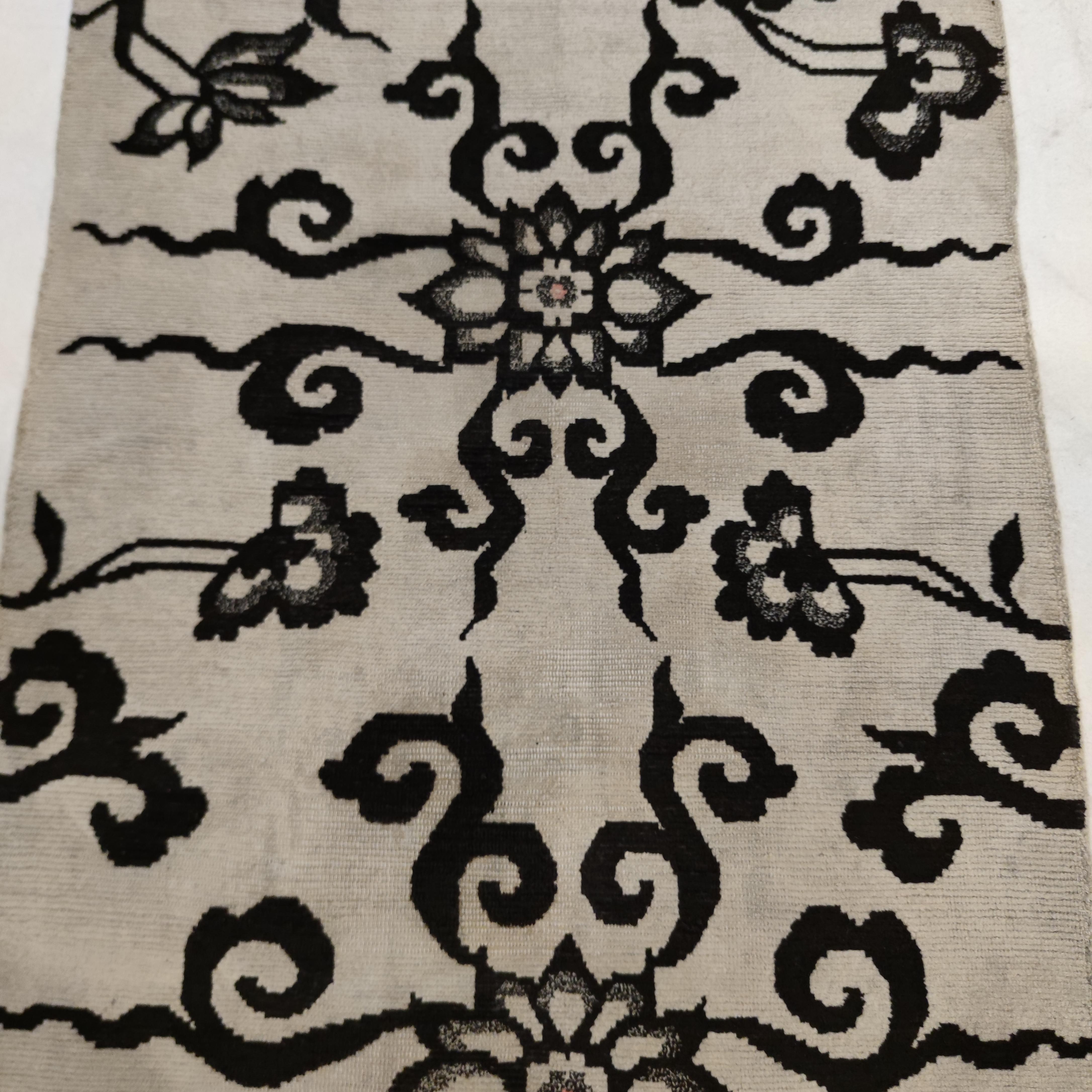 Antique White Ground Tibetan Khaden Rug with Black Lotus Flowers and Tendrils 1