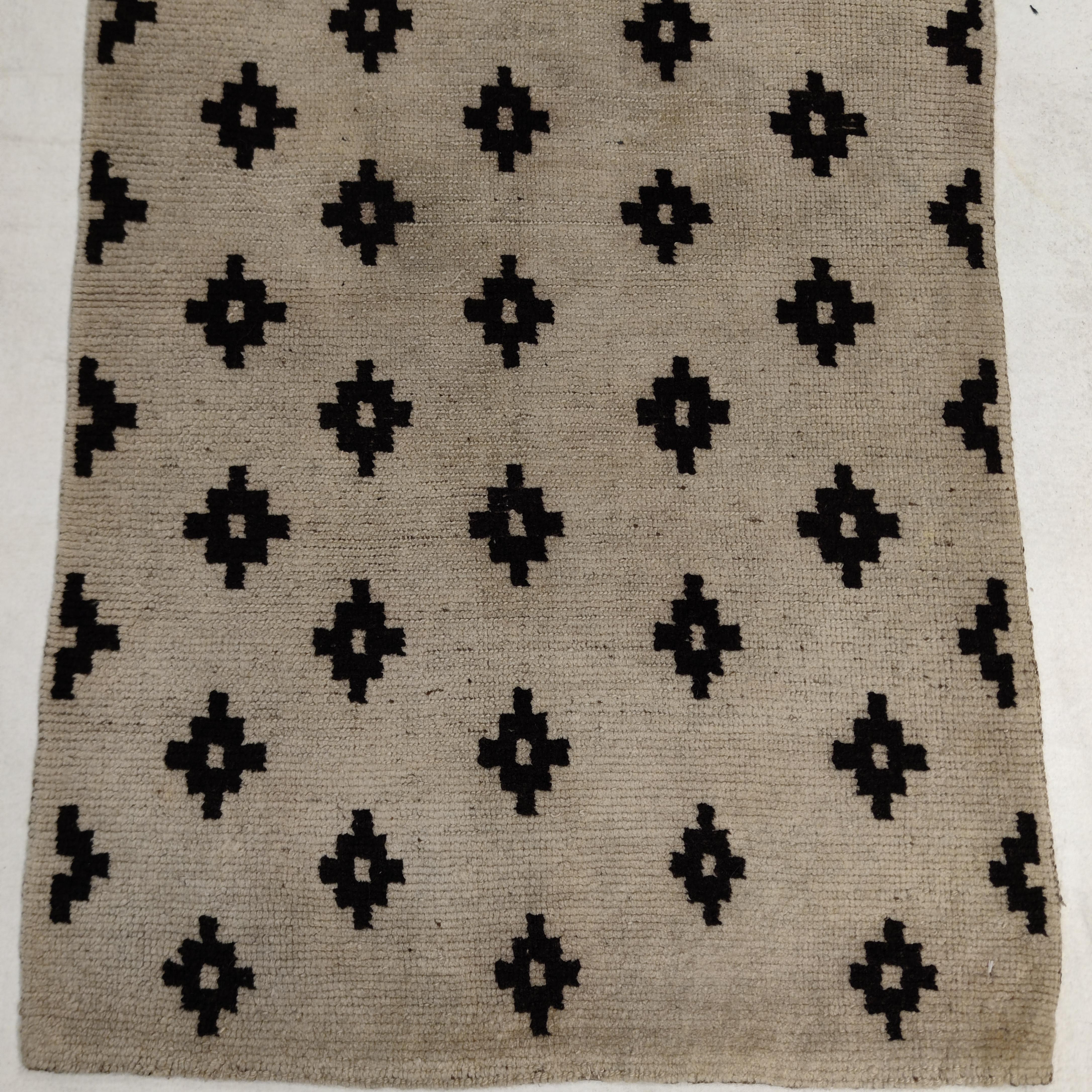 Antique White Ground Tibetan Khaden Rug with Black Stepped Diamonds For Sale 1