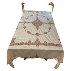 Vintage White Linen Tablecloth with Hand-Embroidered Figural Insets