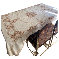 Vintage White Linen Tablecloth with Hand-Embroidered Figural Insets