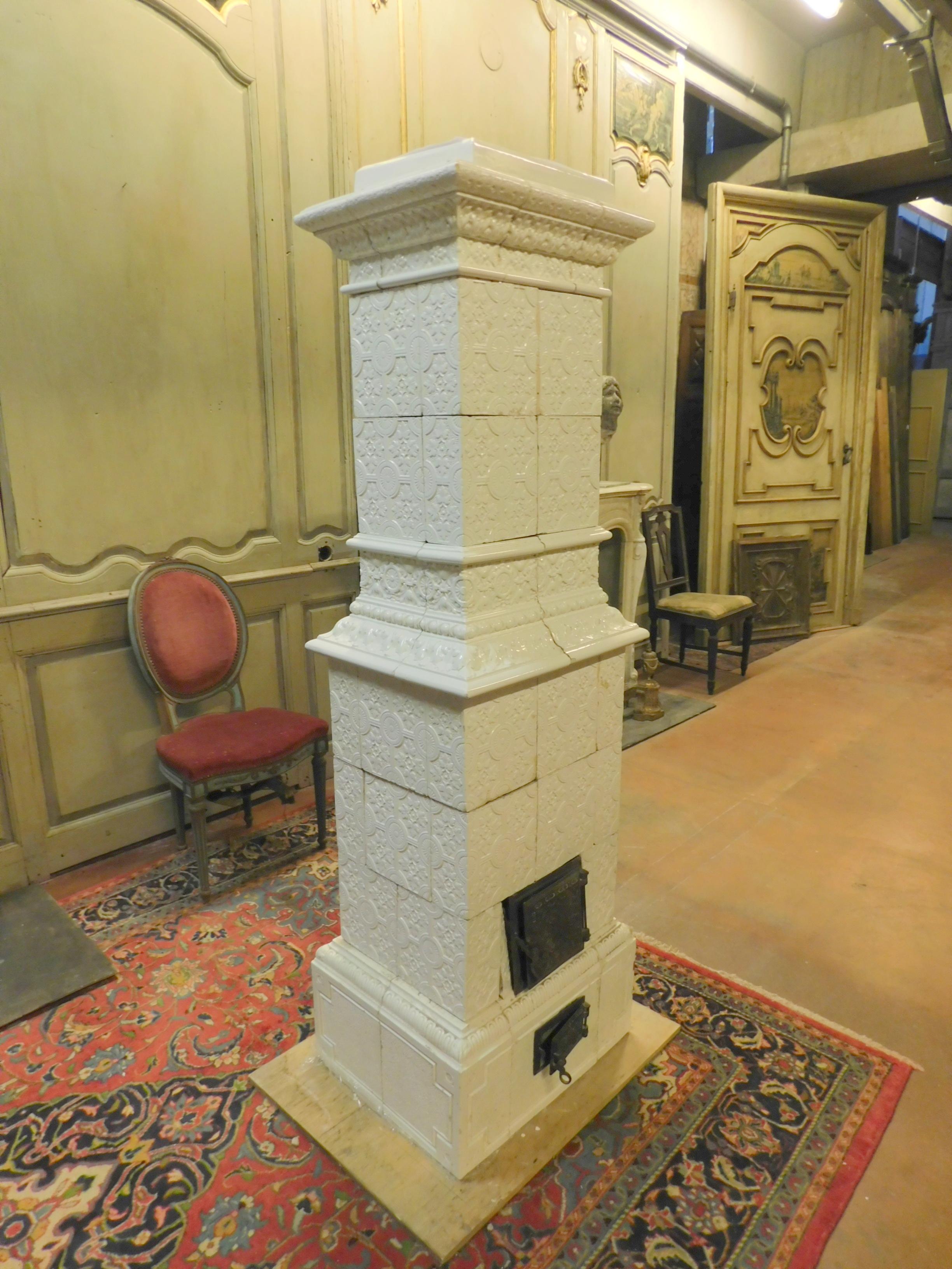 Italian Antique White Majolica Stove, Carved Tiles Texture, 19th Century, Italy