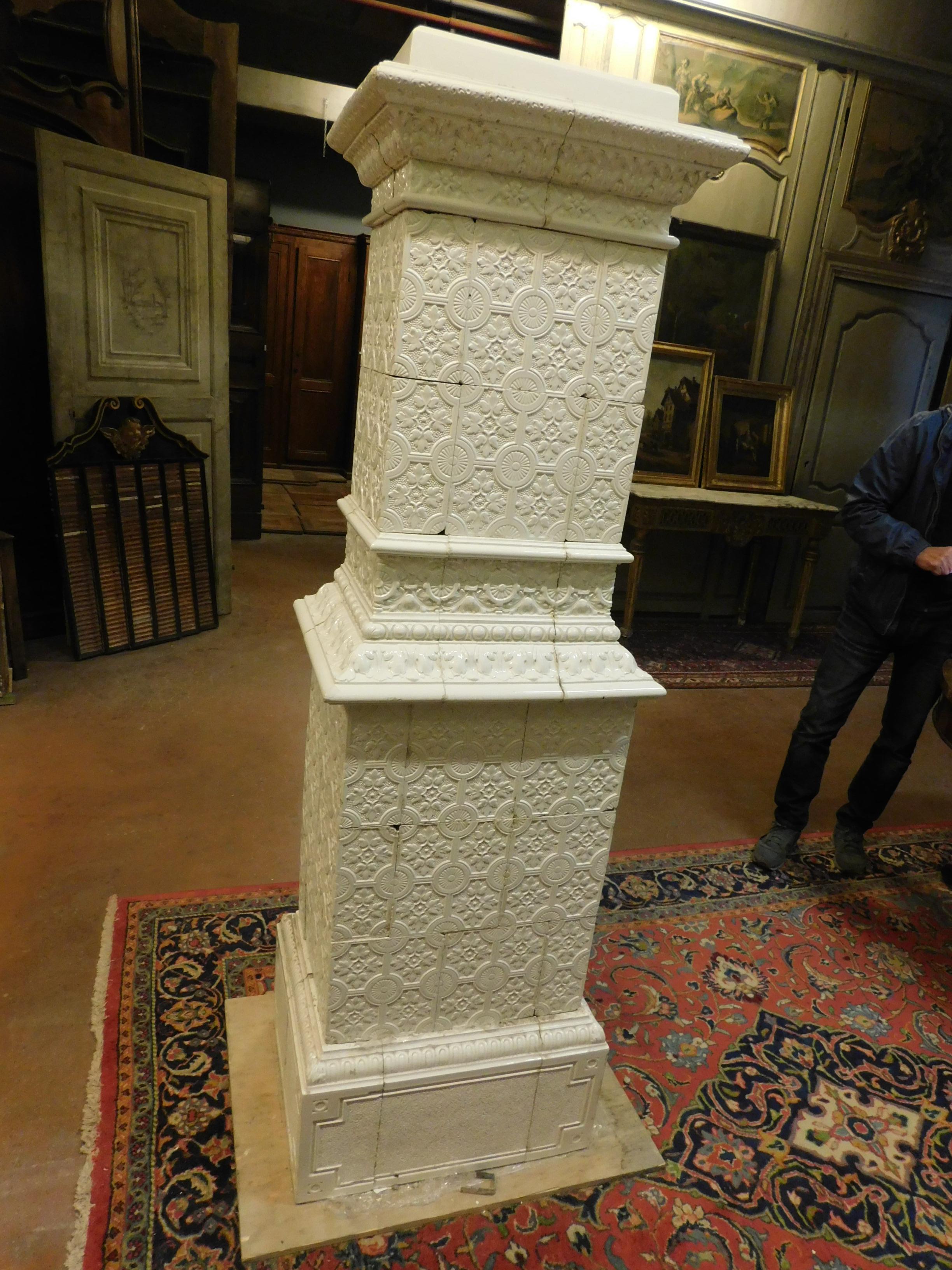 Late 19th Century Antique White Majolica Stove, Carved Tiles Texture, 19th Century, Italy