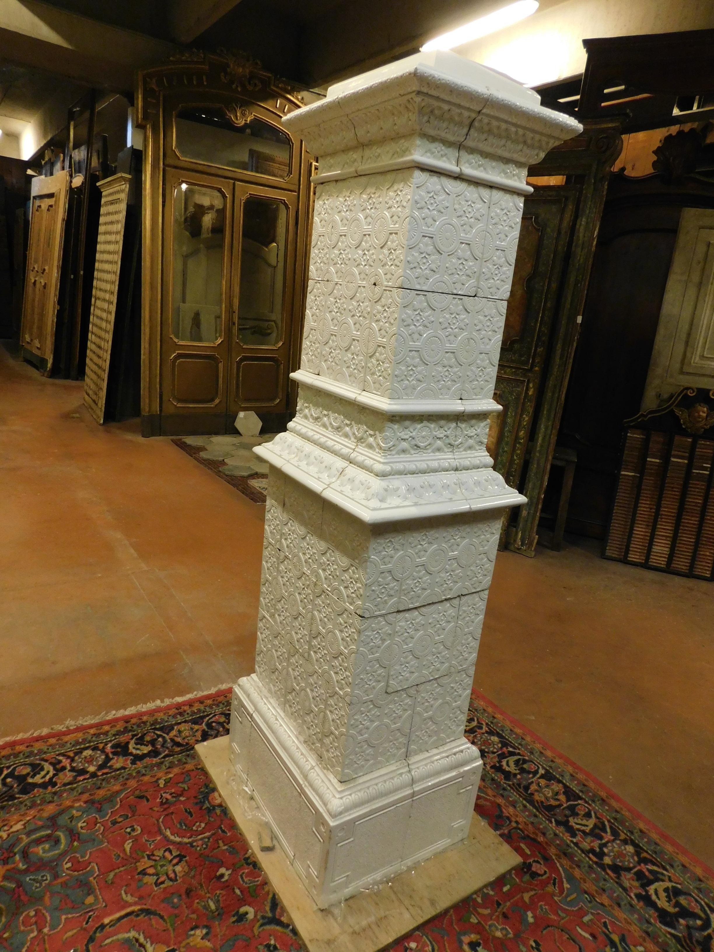 Ceramic Antique White Majolica Stove, Carved Tiles Texture, 19th Century, Italy