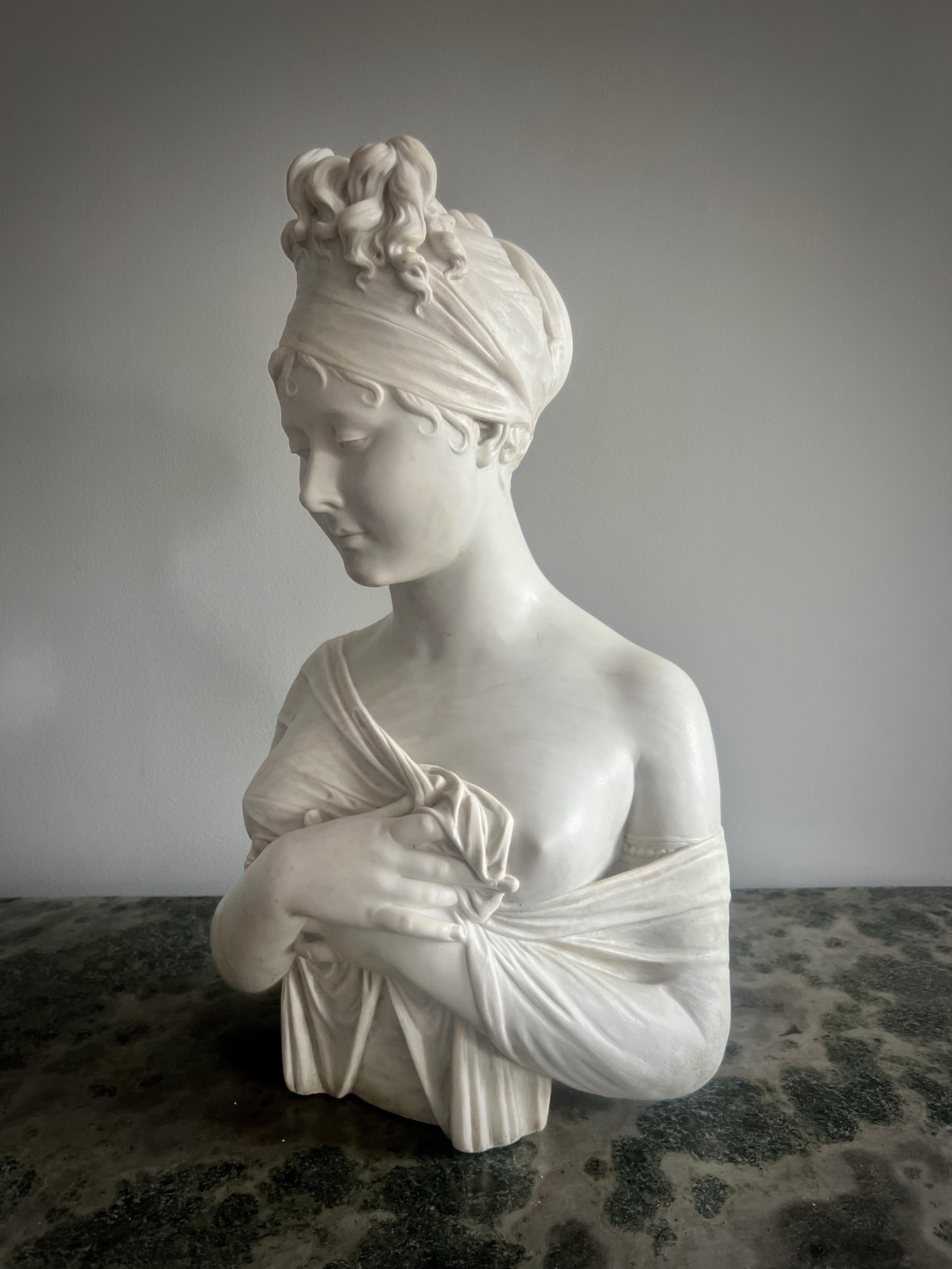 Carrara Marble Antique White Marble Sculpture of Madame Recamier  For Sale