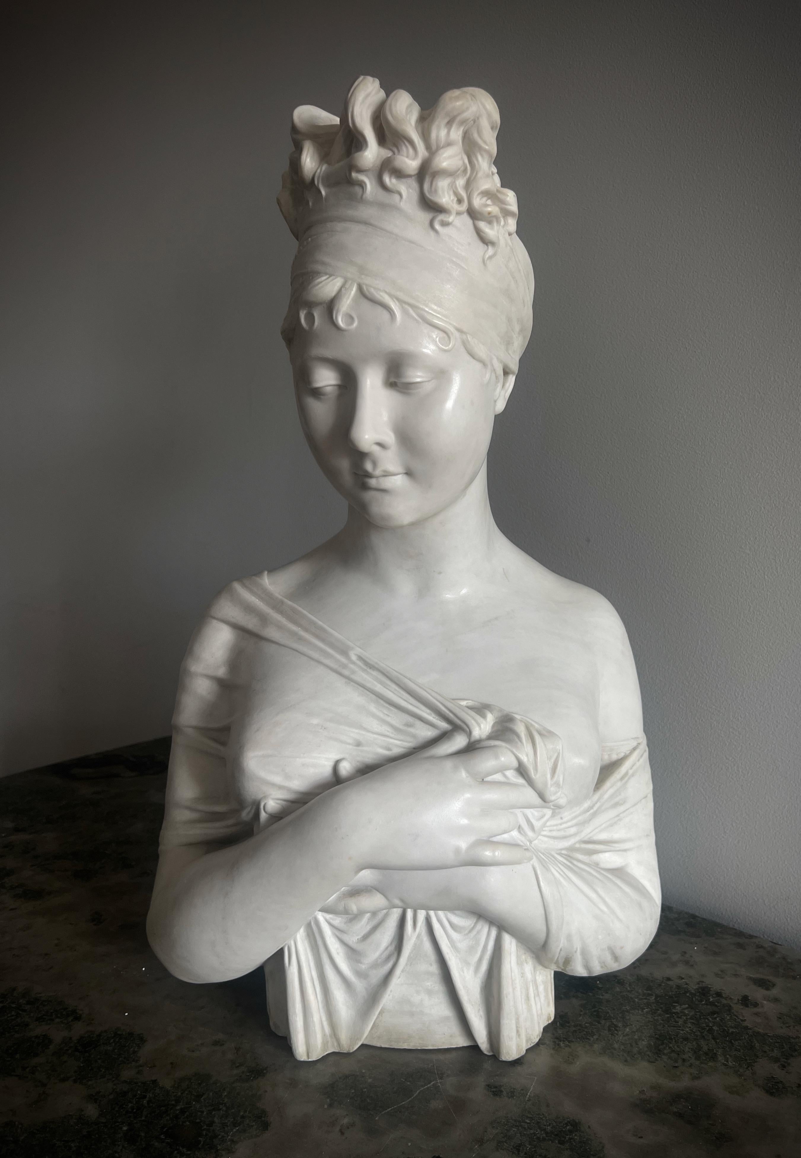 A fine antique white marble sculpture of madame Recamier after the famous sculpture by Joseph Chinard (1756-1813). 
Chinard was a French sculptor who worked in a Neoclassical style that was infused with naturalism and sentiment. He received his