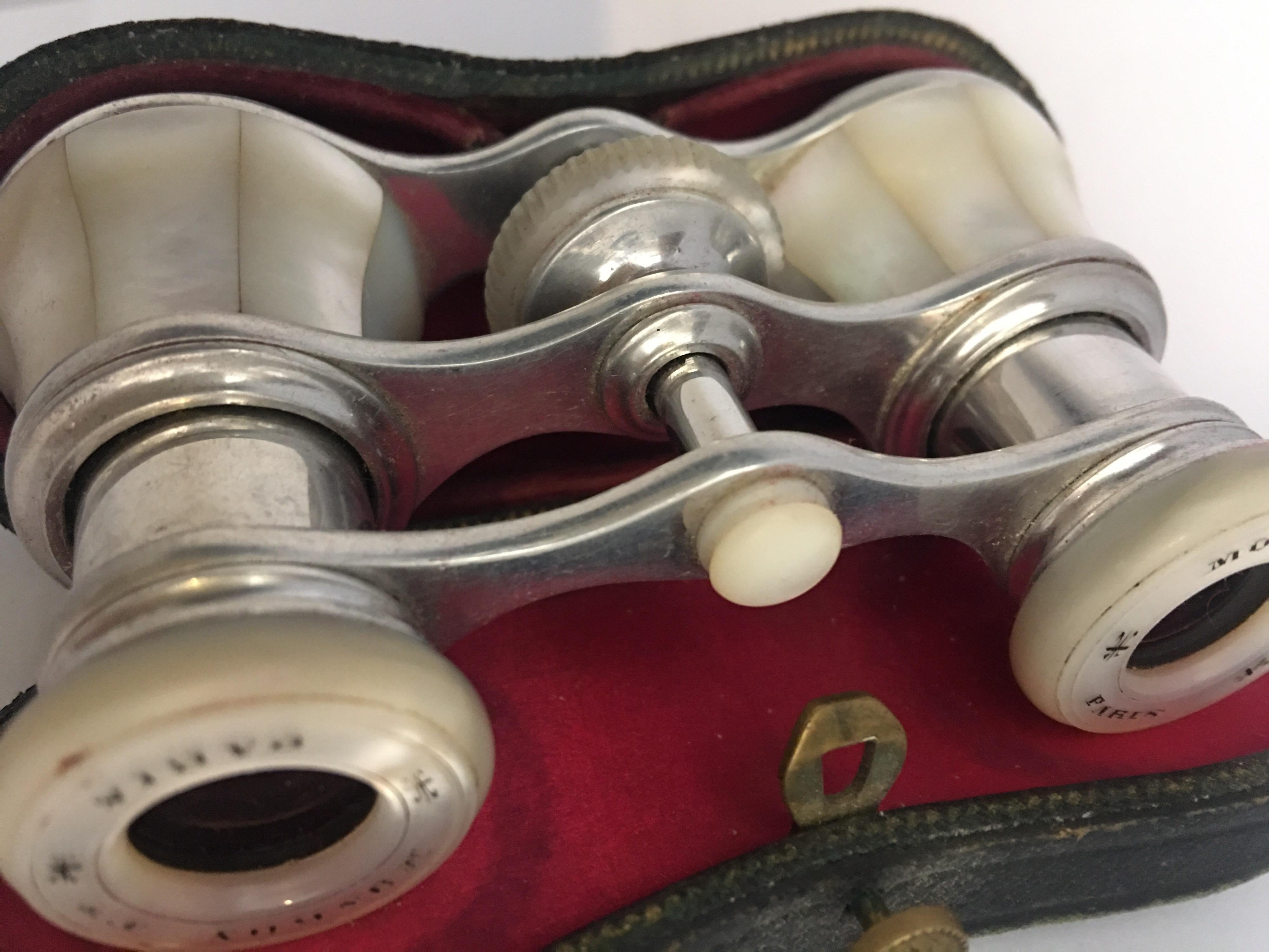 Cabochon Antique White Metal and Mother of Pearl Opera Glasses For Sale