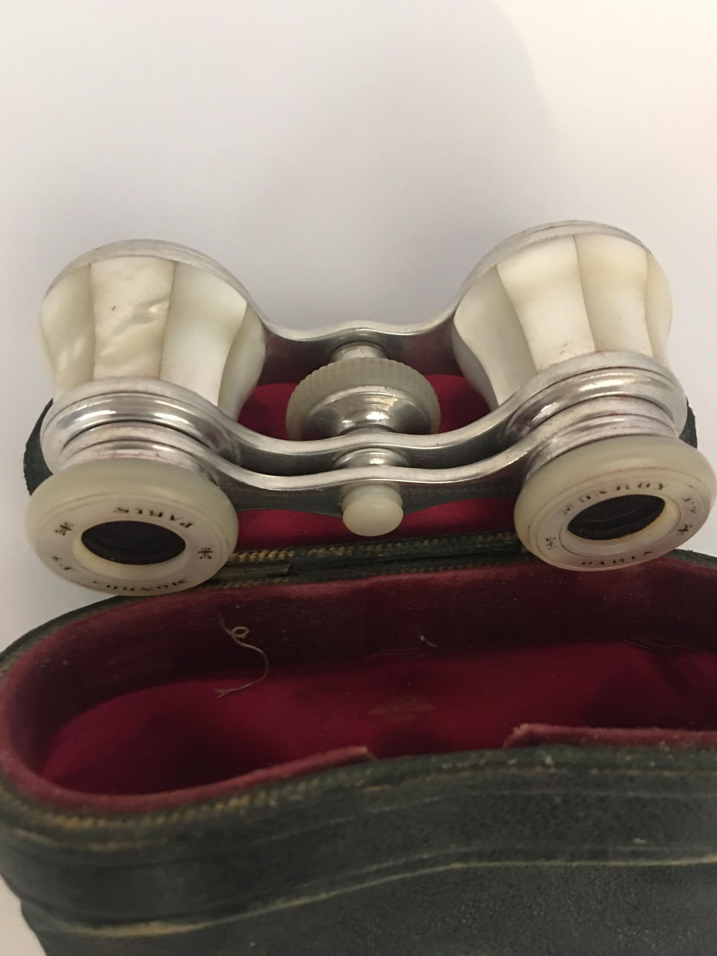 Women's or Men's Antique White Metal and Mother of Pearl Opera Glasses For Sale