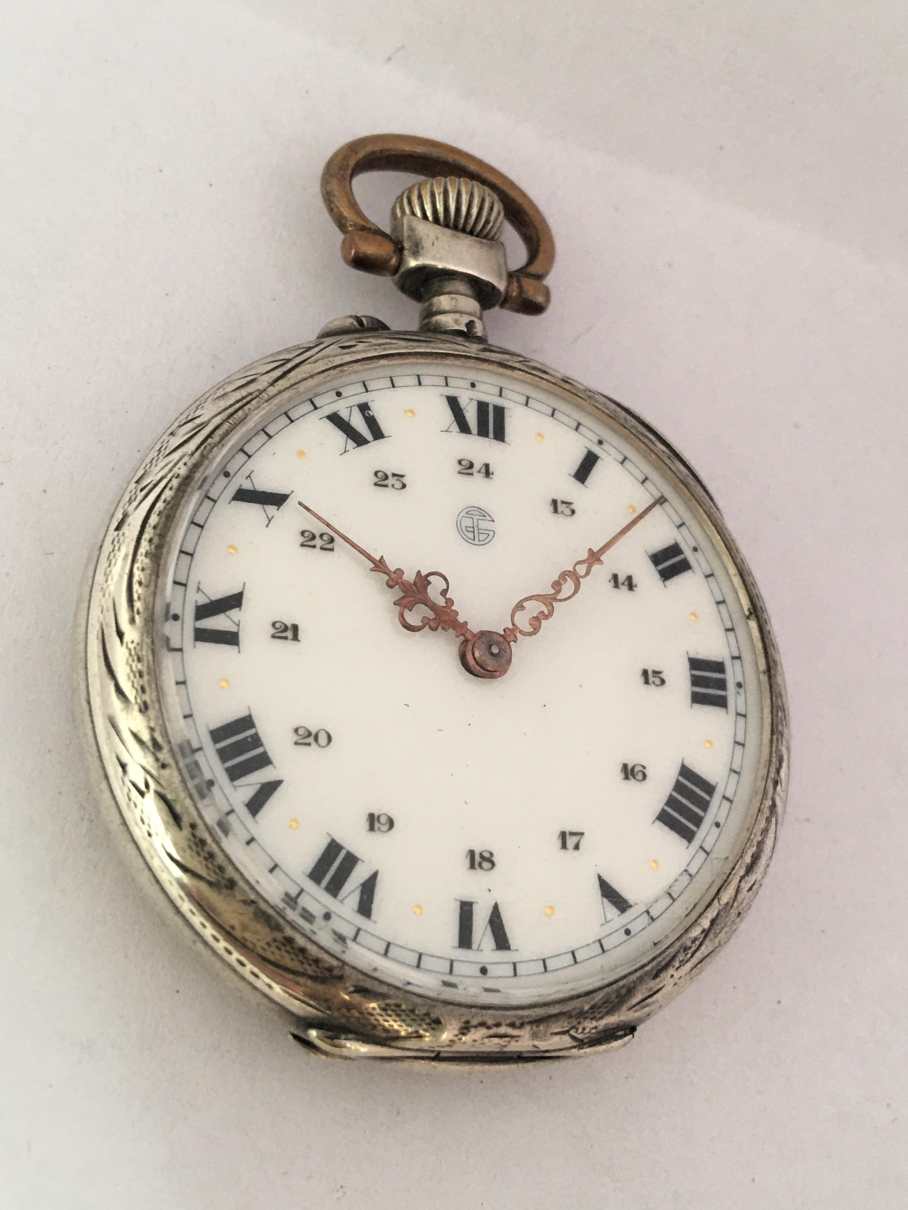 Antique White Metal Hand winding Pocket Watch For Sale 3