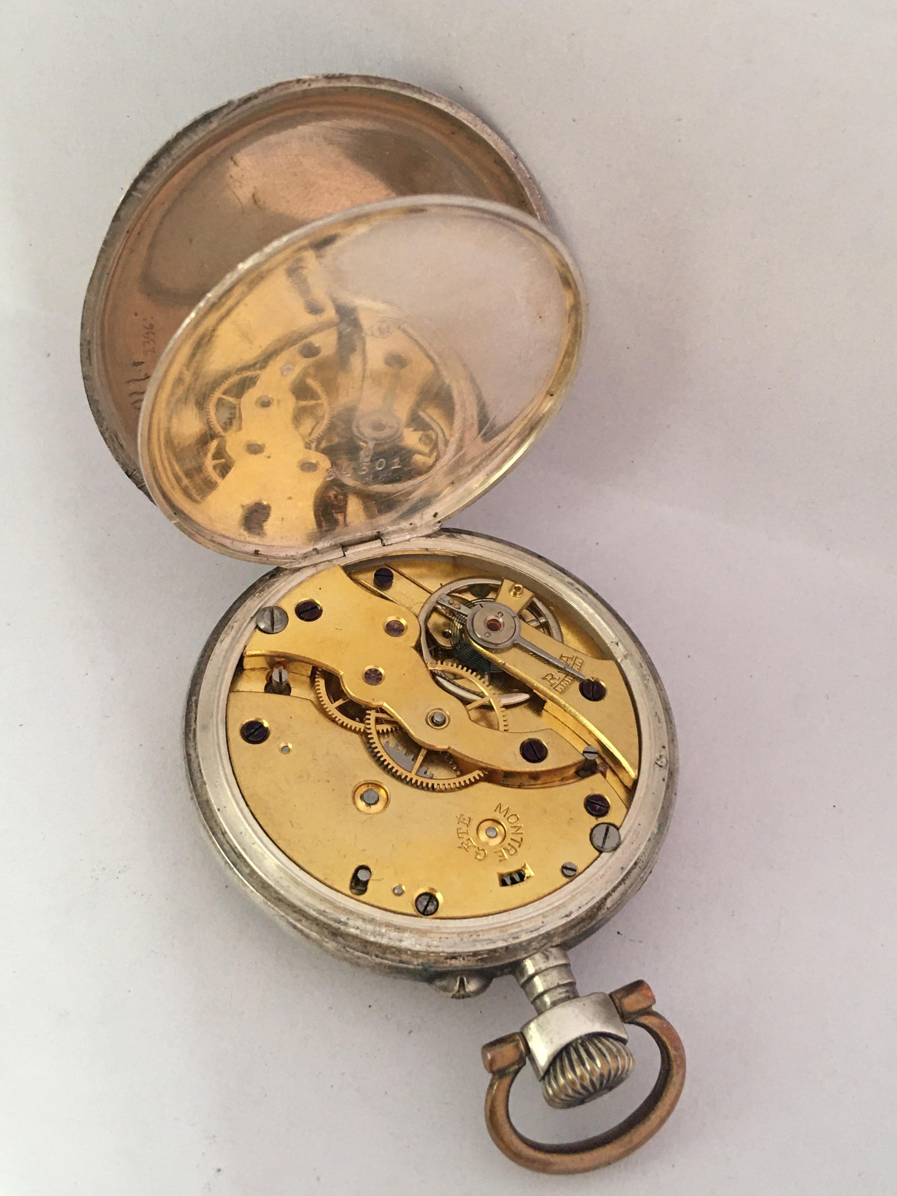 Antique White Metal Hand winding Pocket Watch For Sale 4