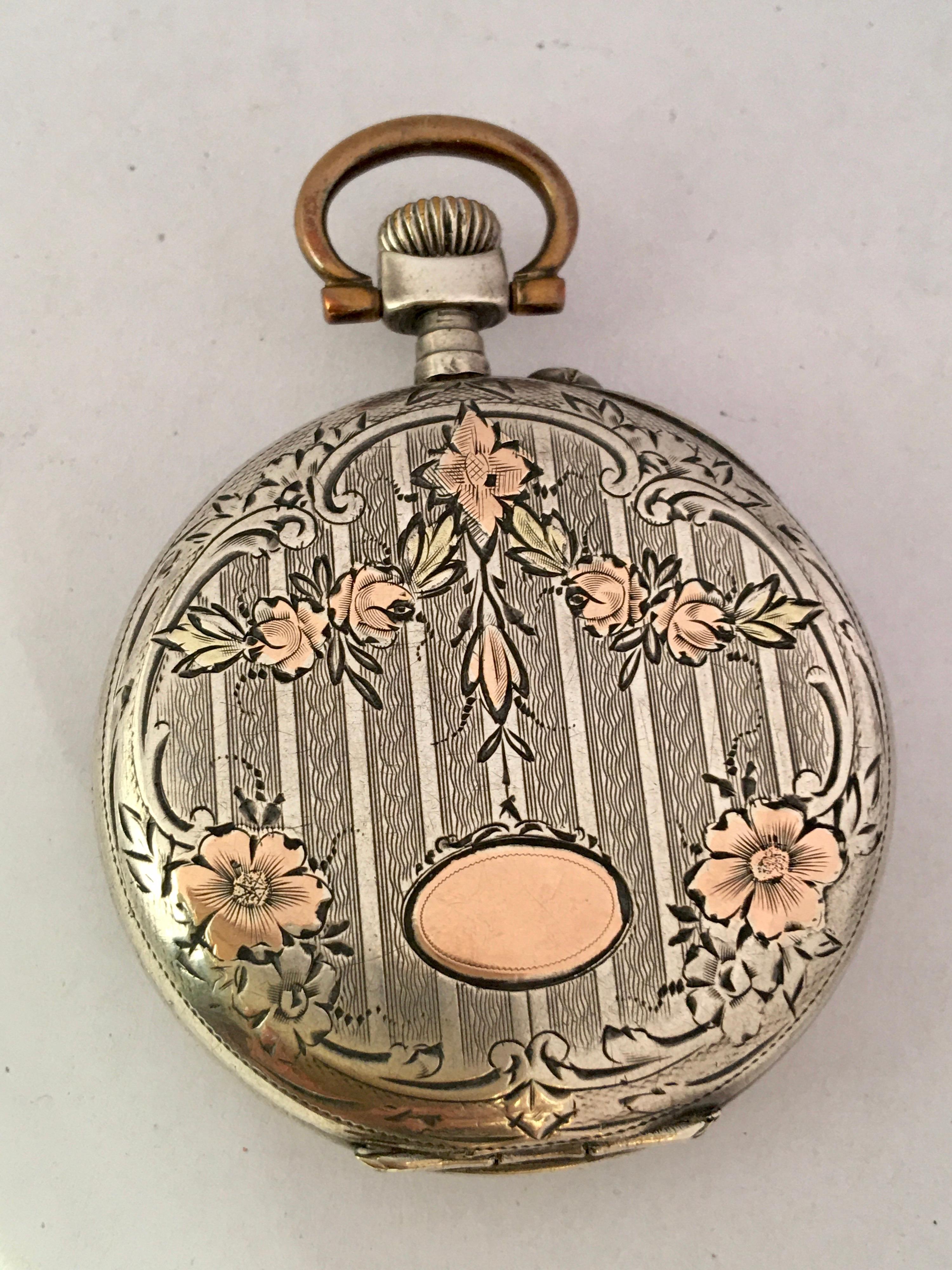 Antique White Metal Hand winding Pocket Watch For Sale 6