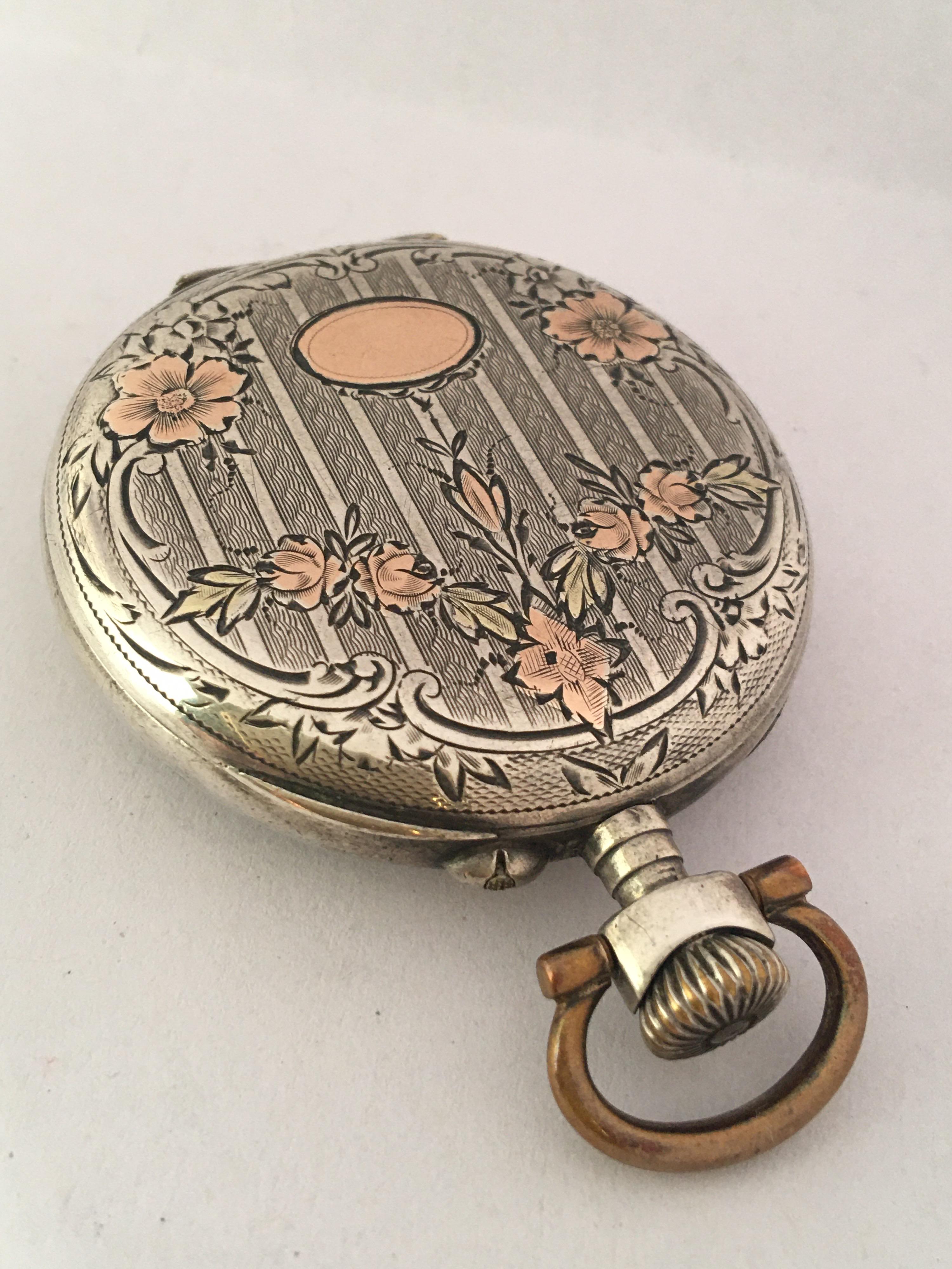 Women's or Men's Antique White Metal Hand winding Pocket Watch For Sale