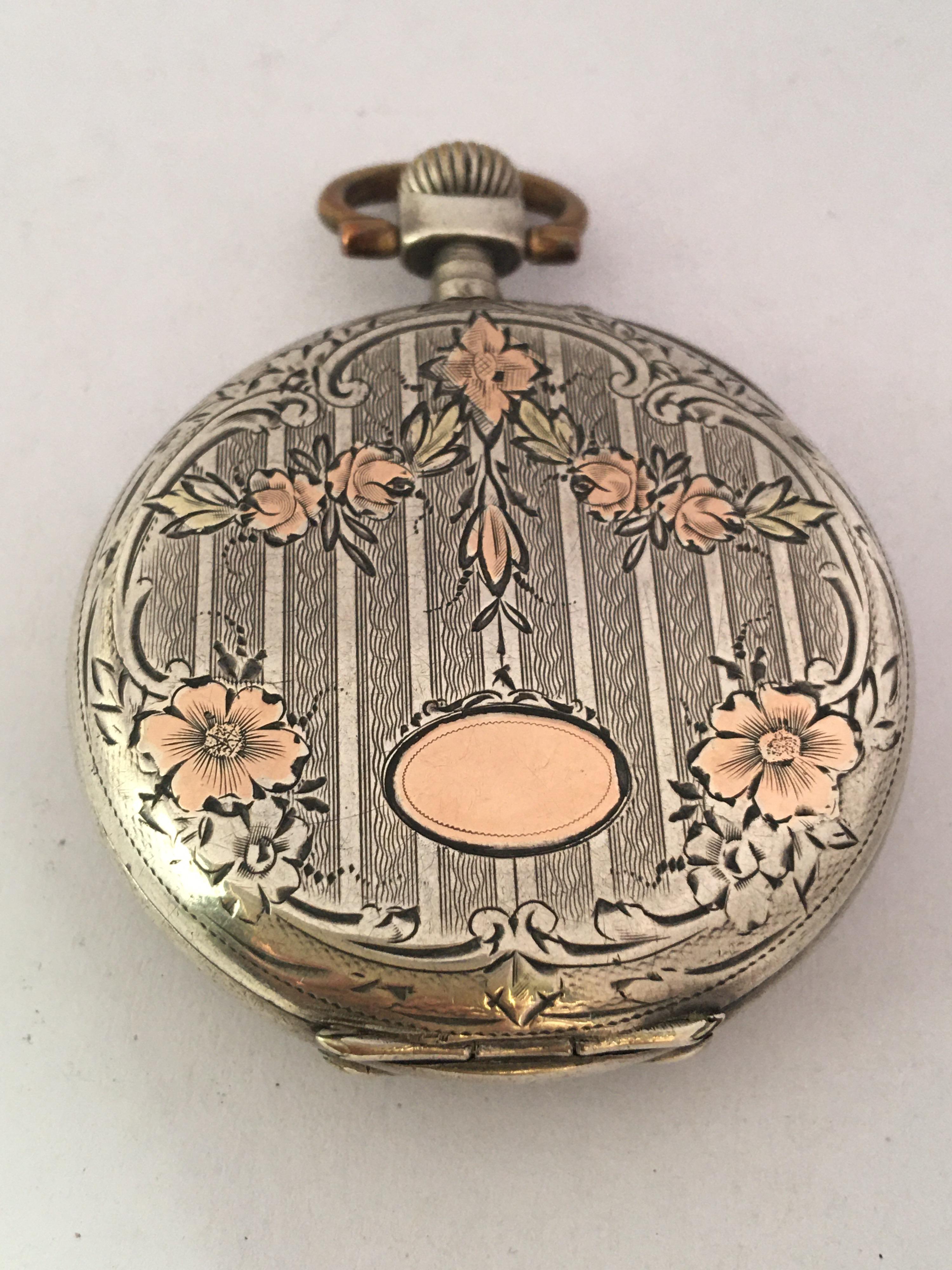 Antique White Metal Hand winding Pocket Watch For Sale 2
