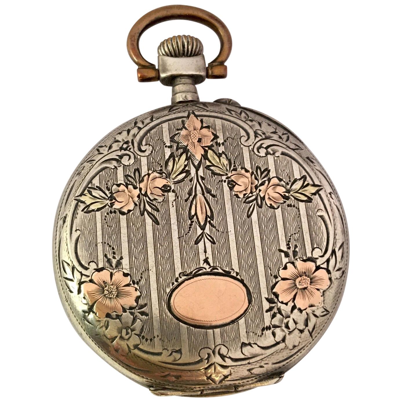 Antique White Metal Hand winding Pocket Watch For Sale