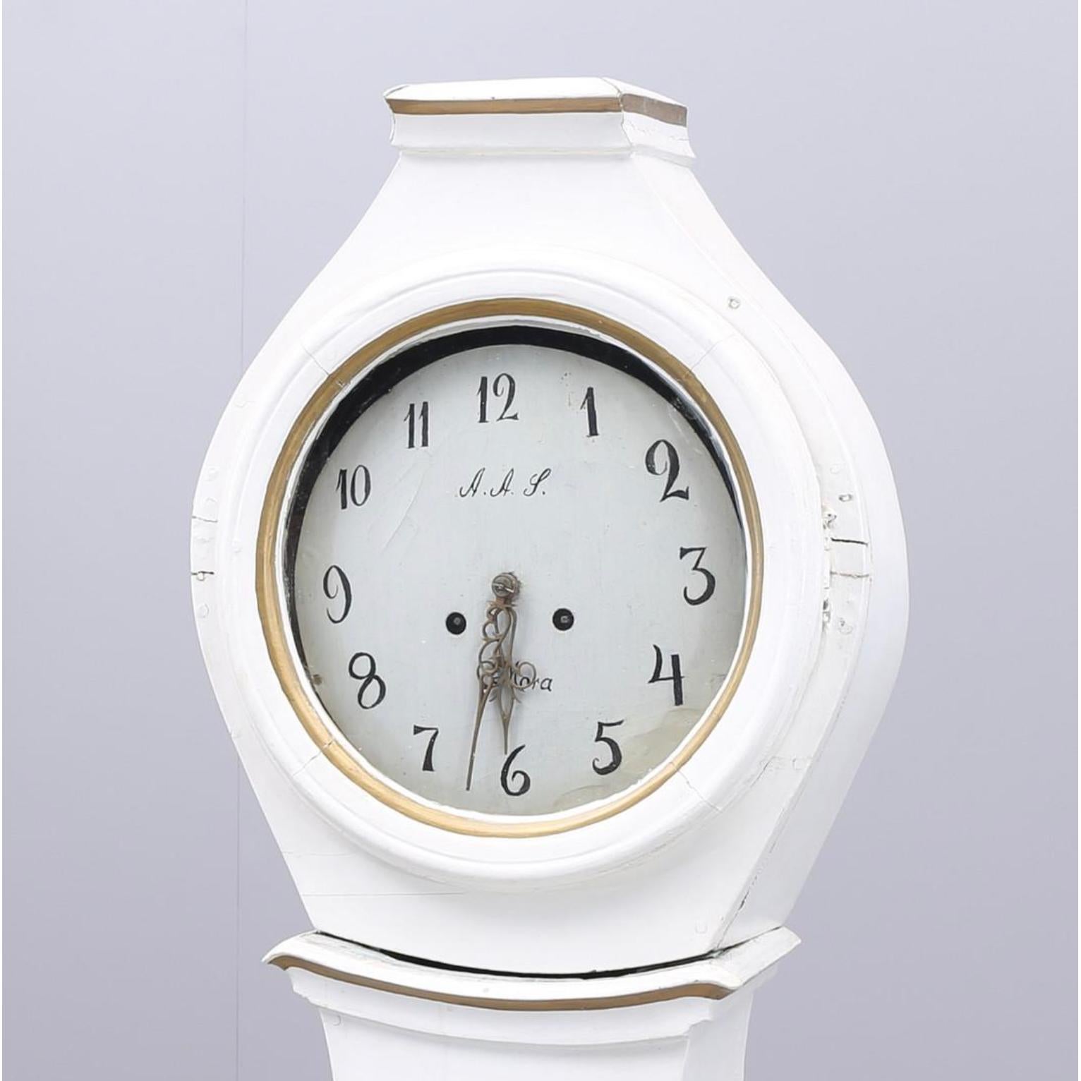 Hand-Painted Antique White Mora Clock Swedish Early 1800s Narrow Waist Gustavian