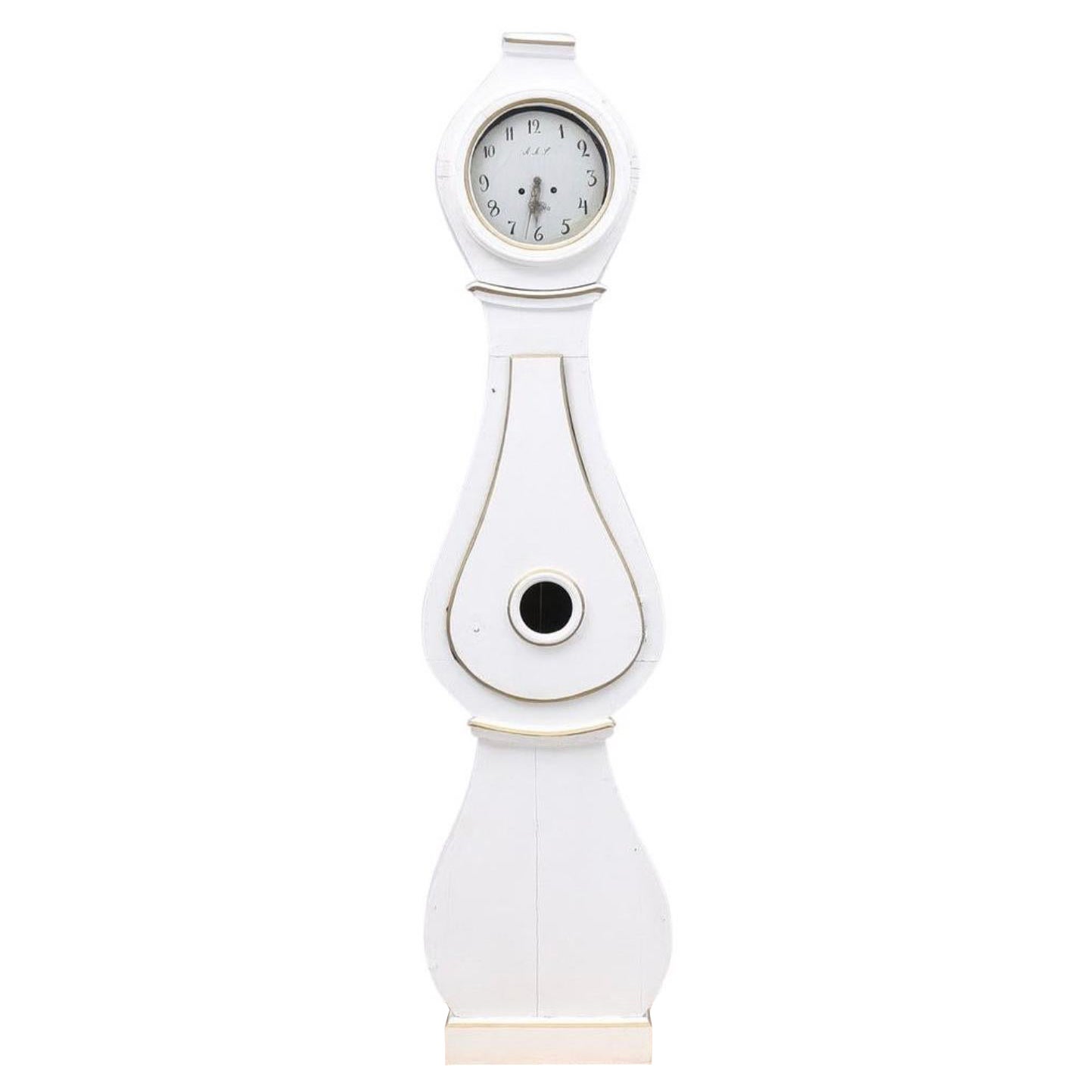 Antique White Mora Clock Swedish Early 1800s Narrow Waist Gustavian
