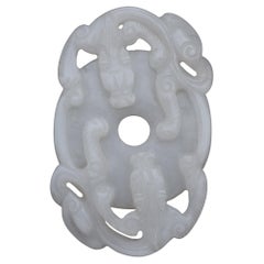 Antique White Mutton Fat Jade Carved Dragon Bi Disc Figurine Pendant