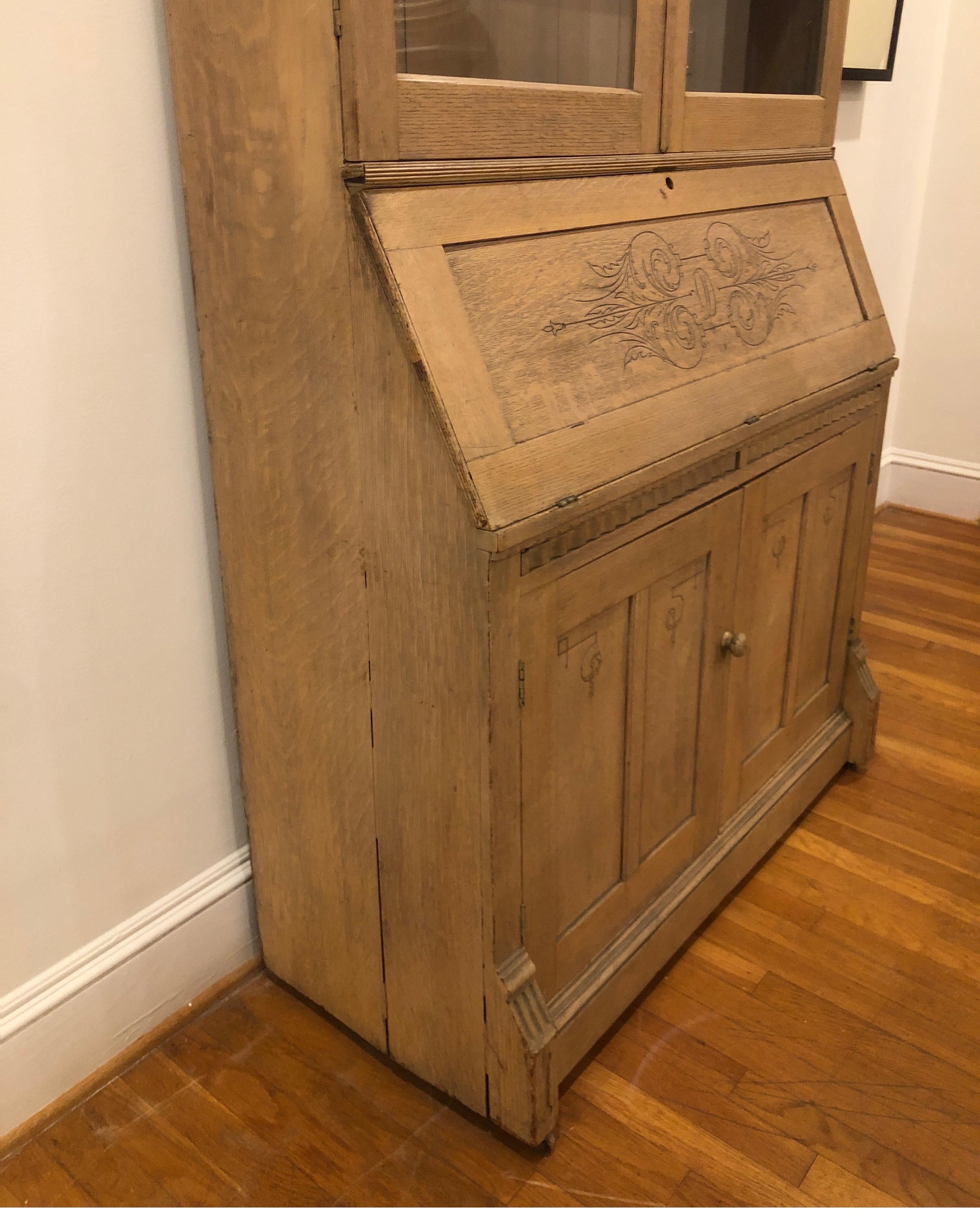 Antique White Oak Secretary with Carved Details For Sale 8