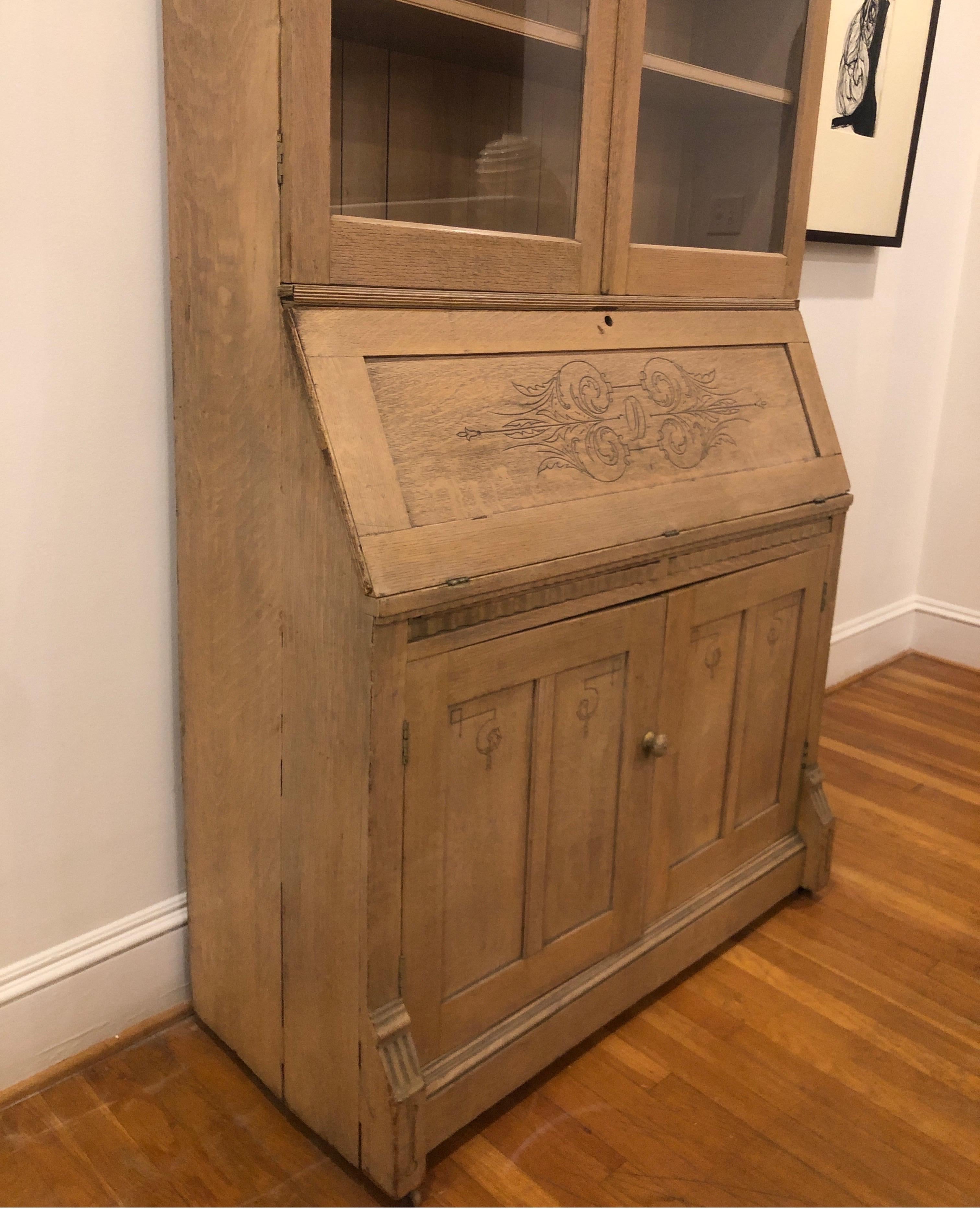 English Antique White Oak Secretary with Carved Details For Sale
