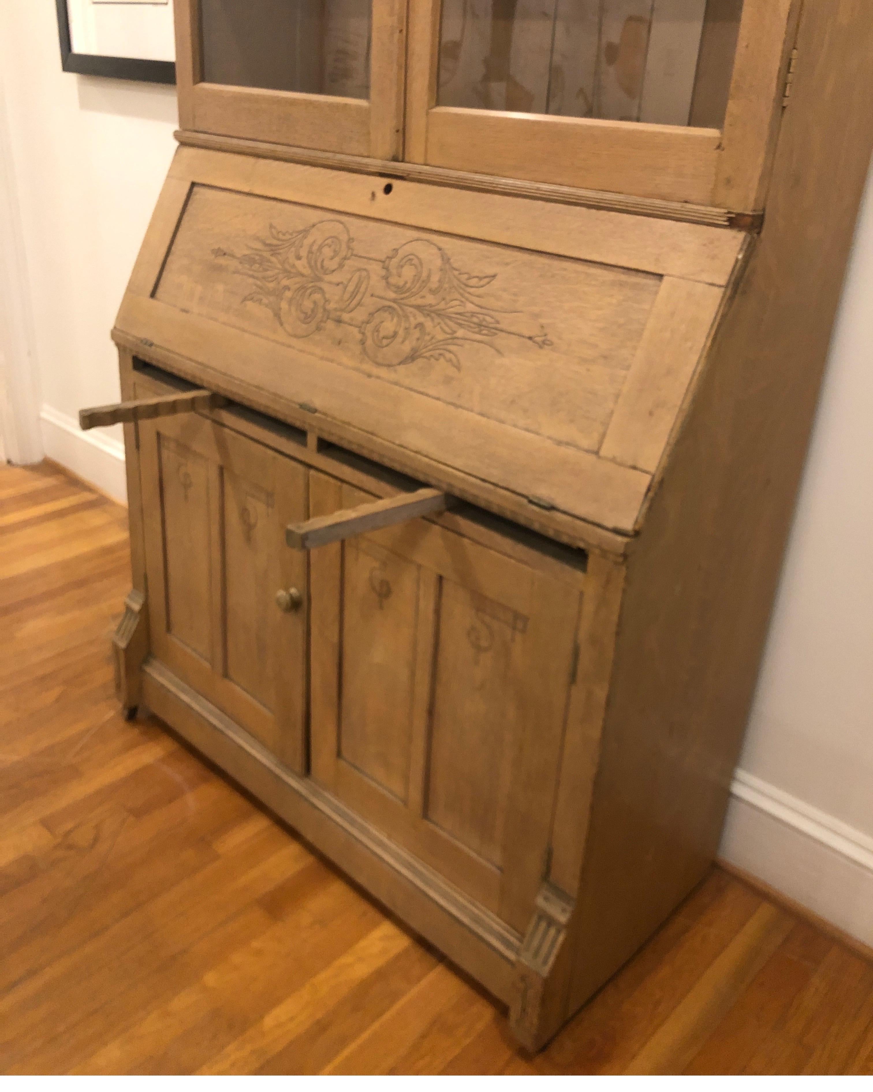 Antique White Oak Secretary with Carved Details In Fair Condition For Sale In Los Angeles, CA
