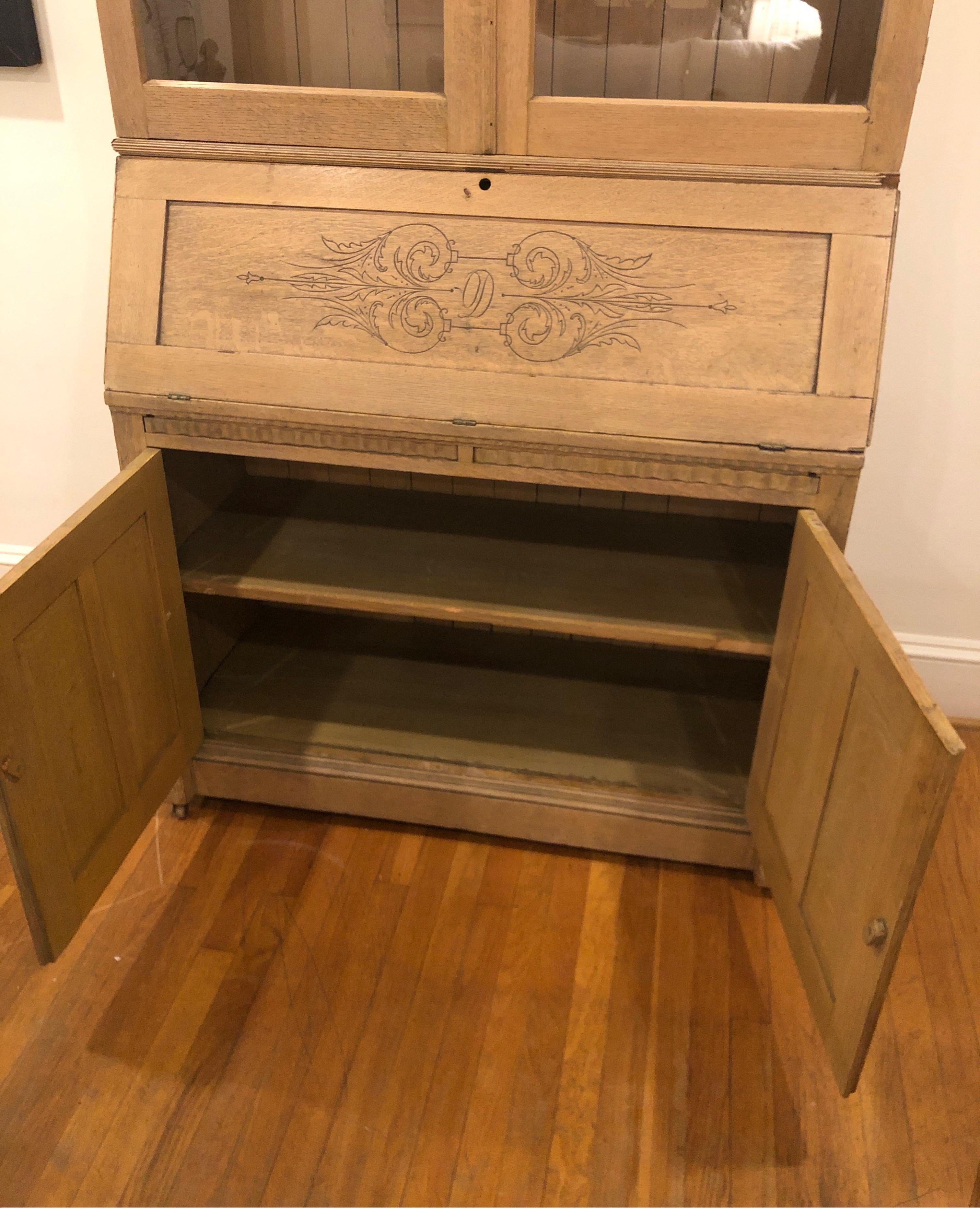 Antique White Oak Secretary with Carved Details For Sale 1