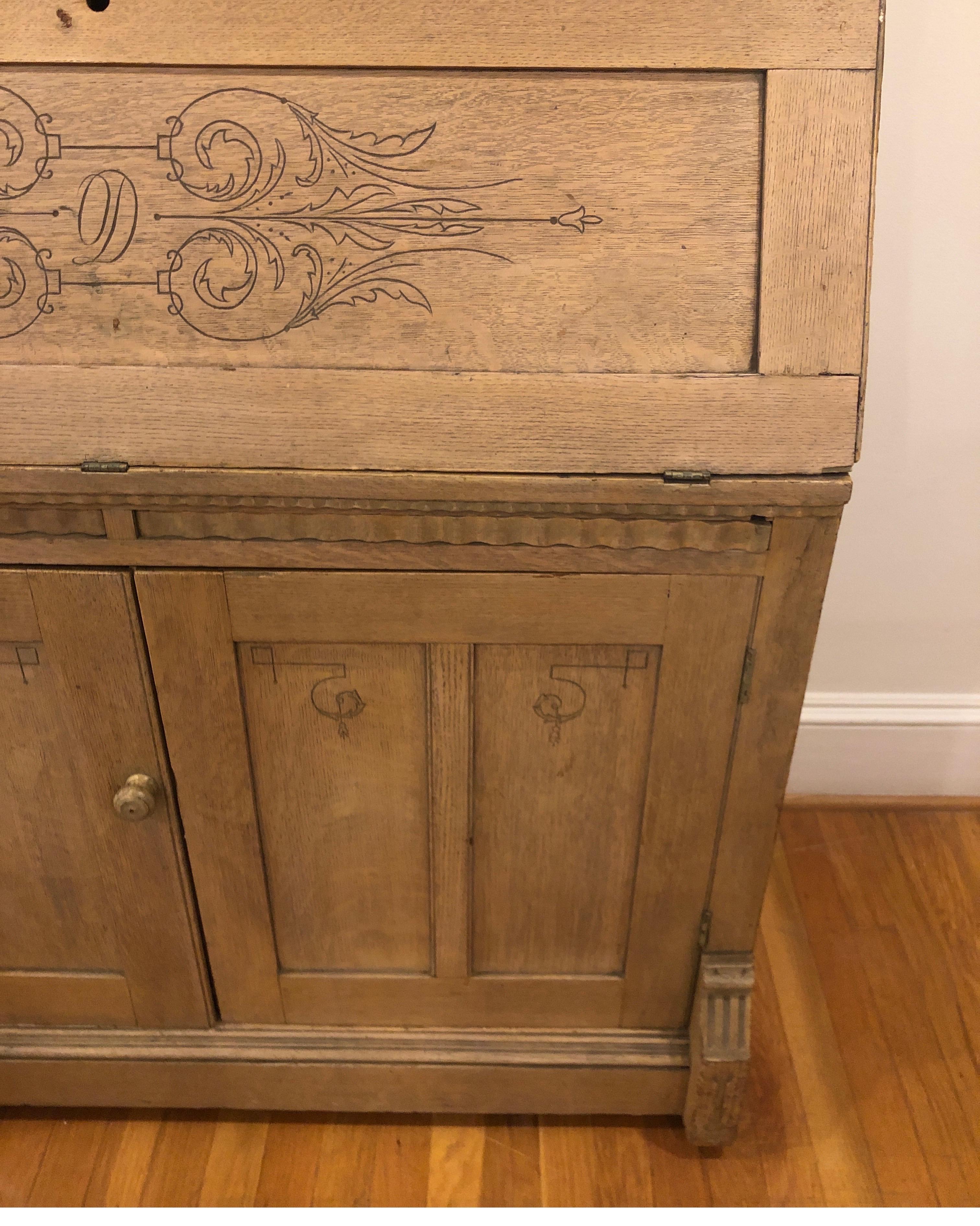 Antique White Oak Secretary with Carved Details For Sale 2