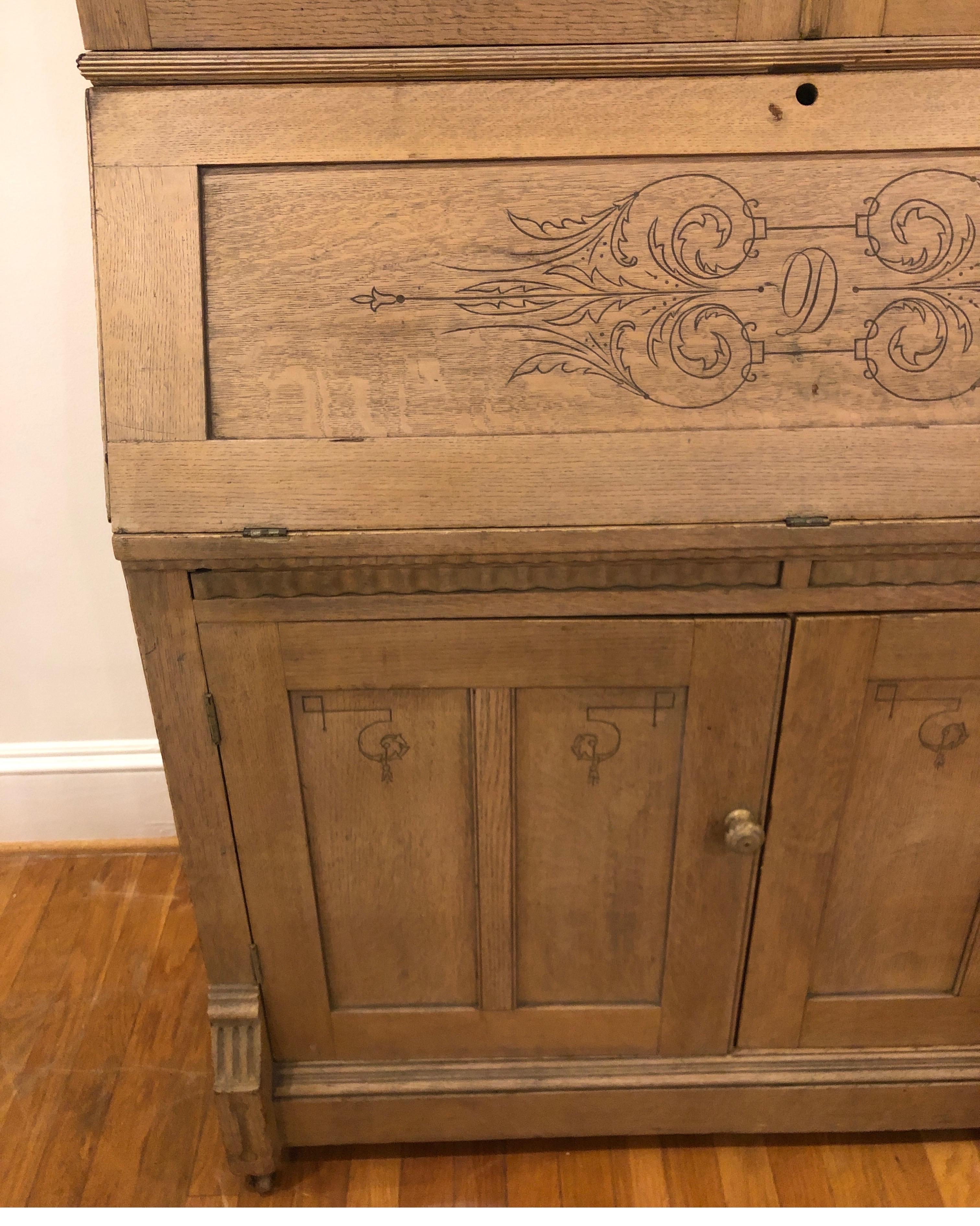 Antique White Oak Secretary with Carved Details For Sale 3
