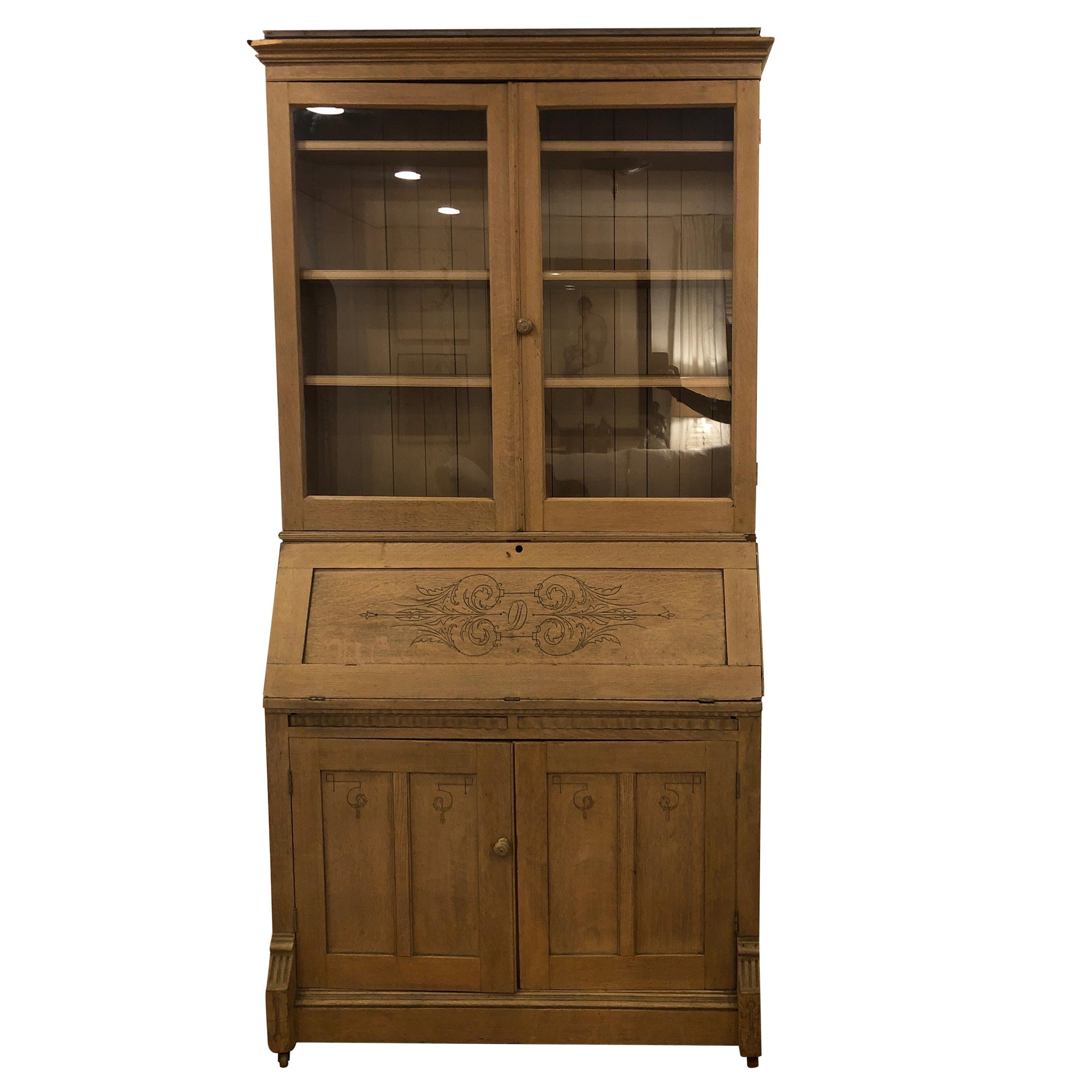 Antique White Oak Secretary with Carved Details For Sale