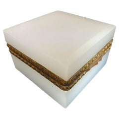 Antique white opaline glass box with beautiful decorated gilt hinge