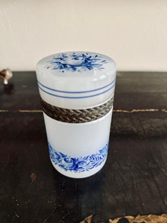 Antique White Opaline Glass Box with Blue Floral Enamel Decoration, 1890