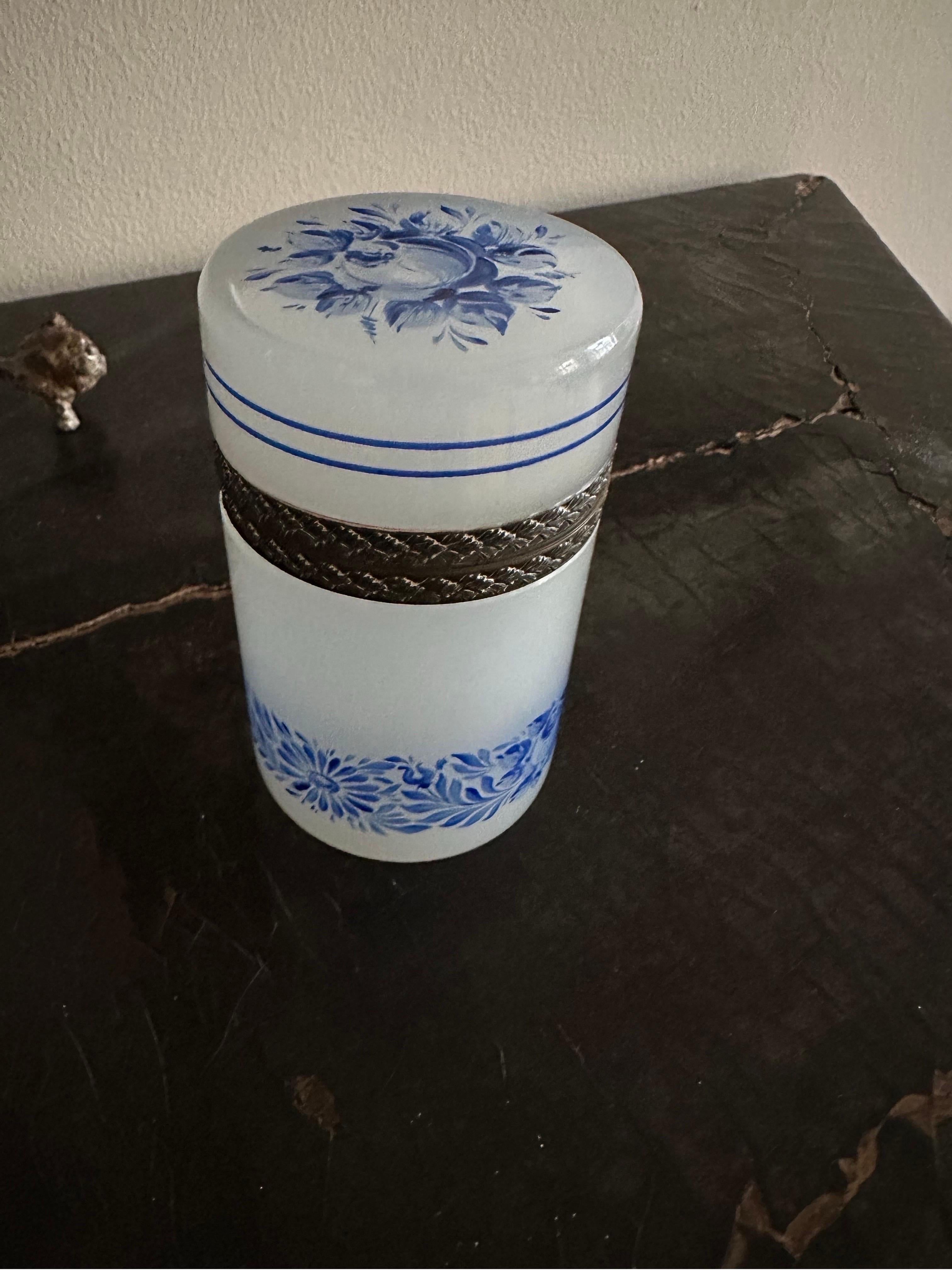 Late 19th Century Antique White Opaline Glass Box with Blue Floral Enamel Decoration, 1890 For Sale
