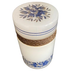 Antique white opaline glass box with blue floral enamel decoration