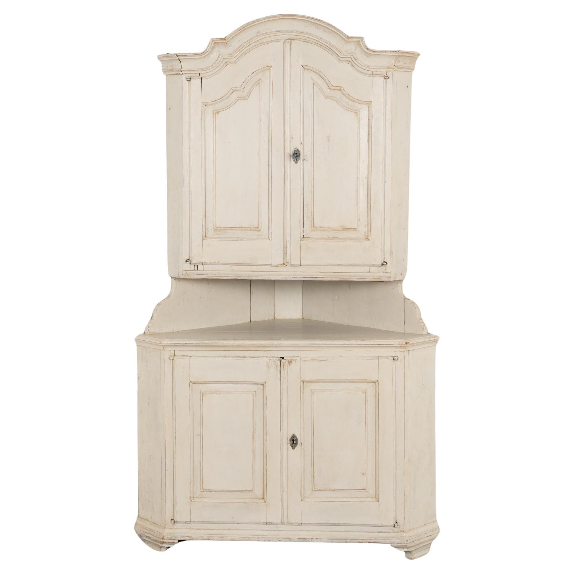 Antique White Painted Corner Cabinet Cupboard, Sweden circa 1840-60 For Sale