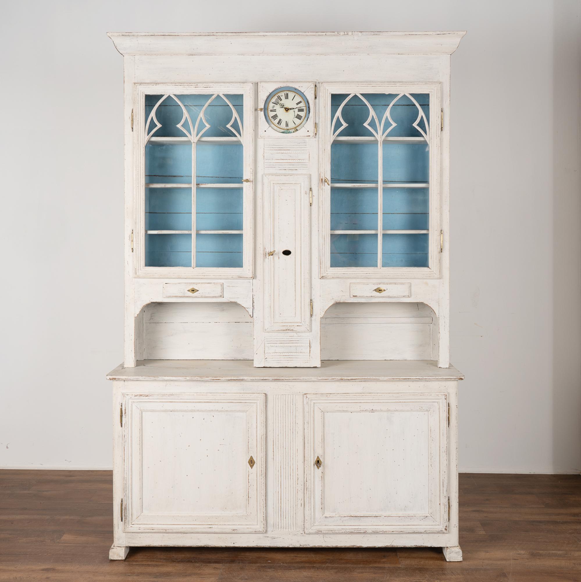Swedish Antique White Painted Display Cabinet Cupboard with Clock, Sweden circa 1840-60