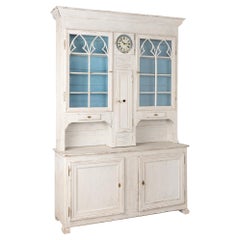 Antique White Painted Display Cabinet Cupboard with Clock, Sweden circa 1840-60