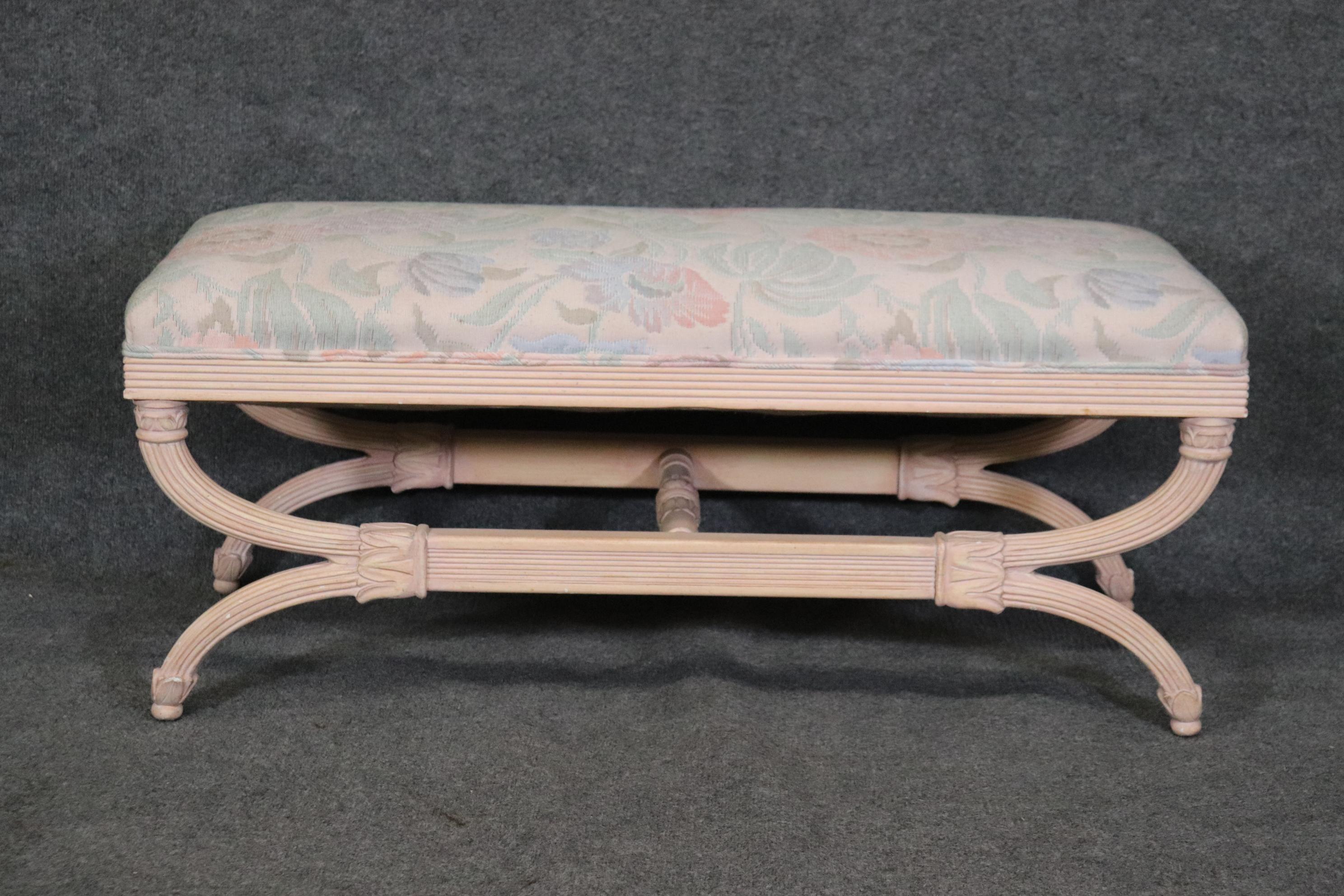 Regency Revival Antique White Painted Floral Upholstered French Regency Style Window Bench 
