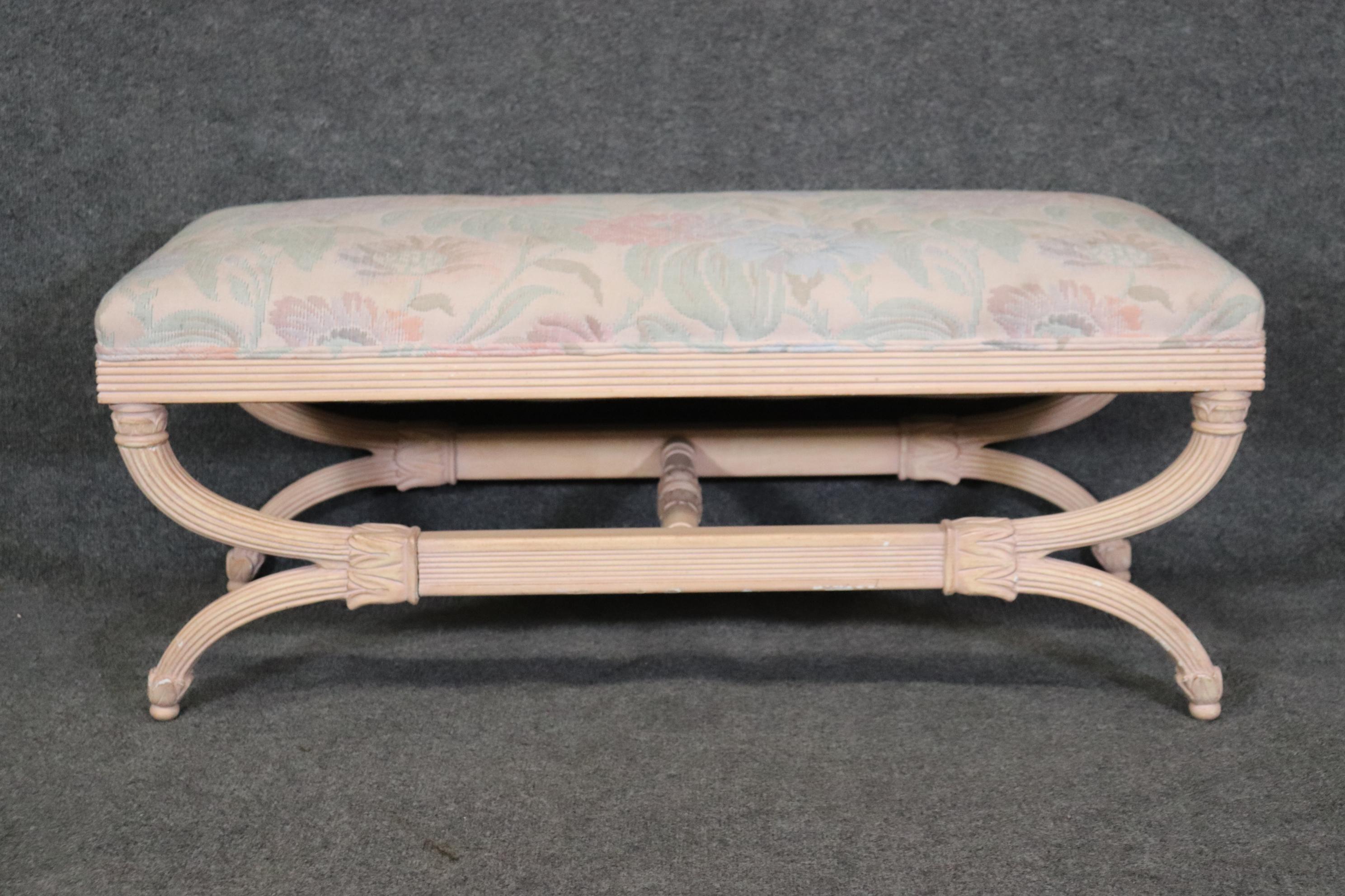 Antique White Painted Floral Upholstered French Regency Style Window Bench  In Good Condition In Swedesboro, NJ