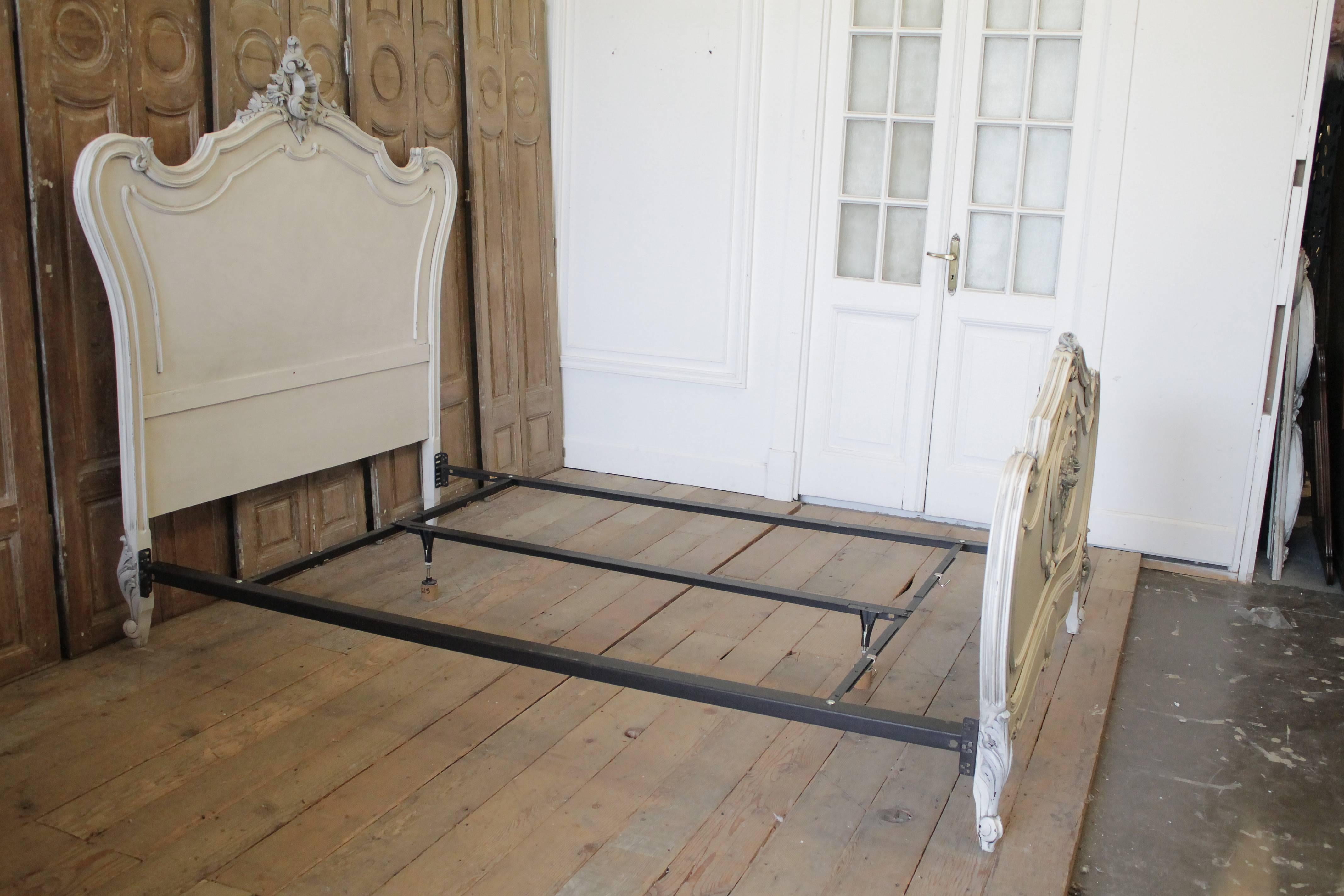 Antique White Painted French Louis XV Style Walnut Carved Queen French Bed 6