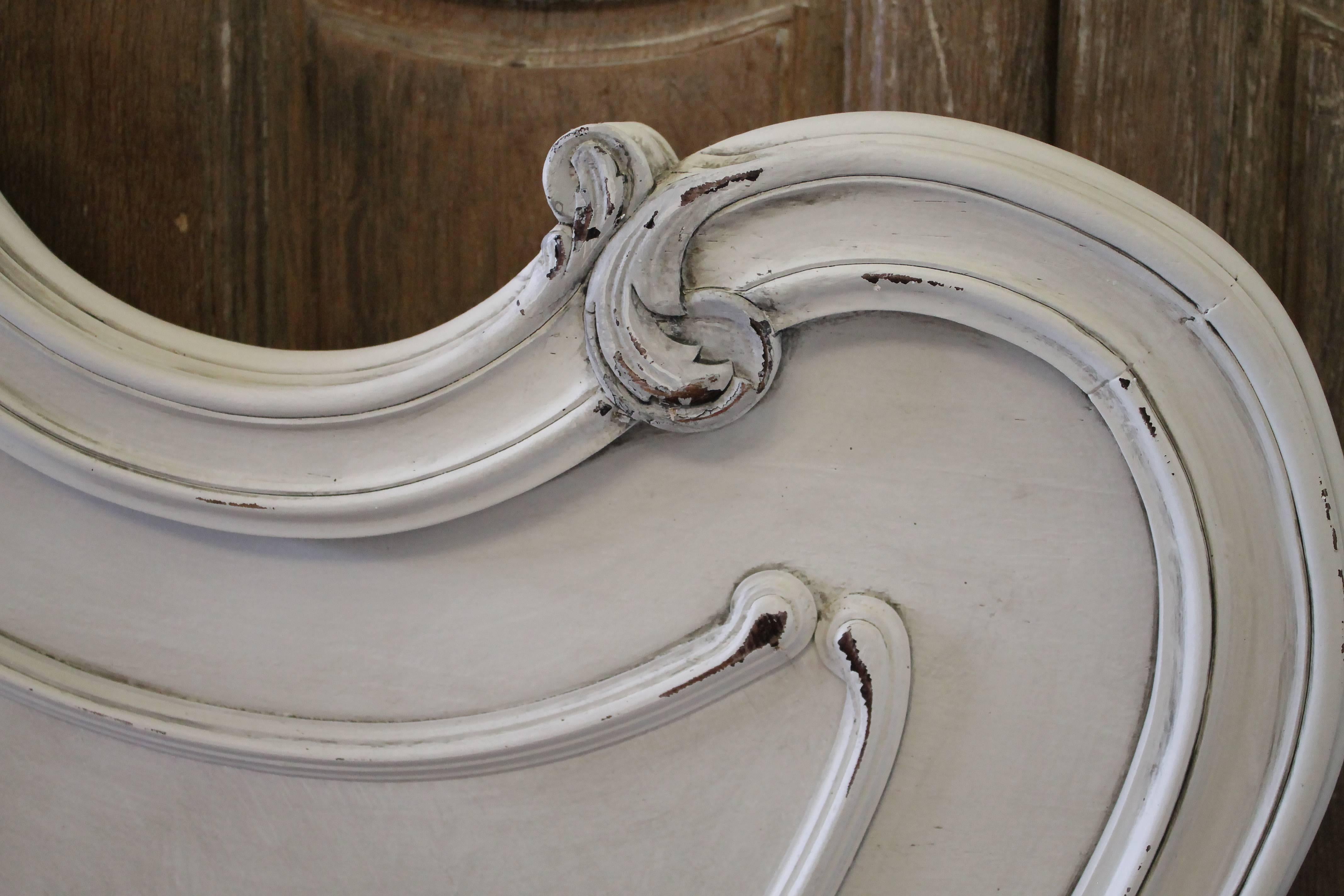 Antique White Painted French Louis XV Style Walnut Carved Queen French Bed In Good Condition In Brea, CA