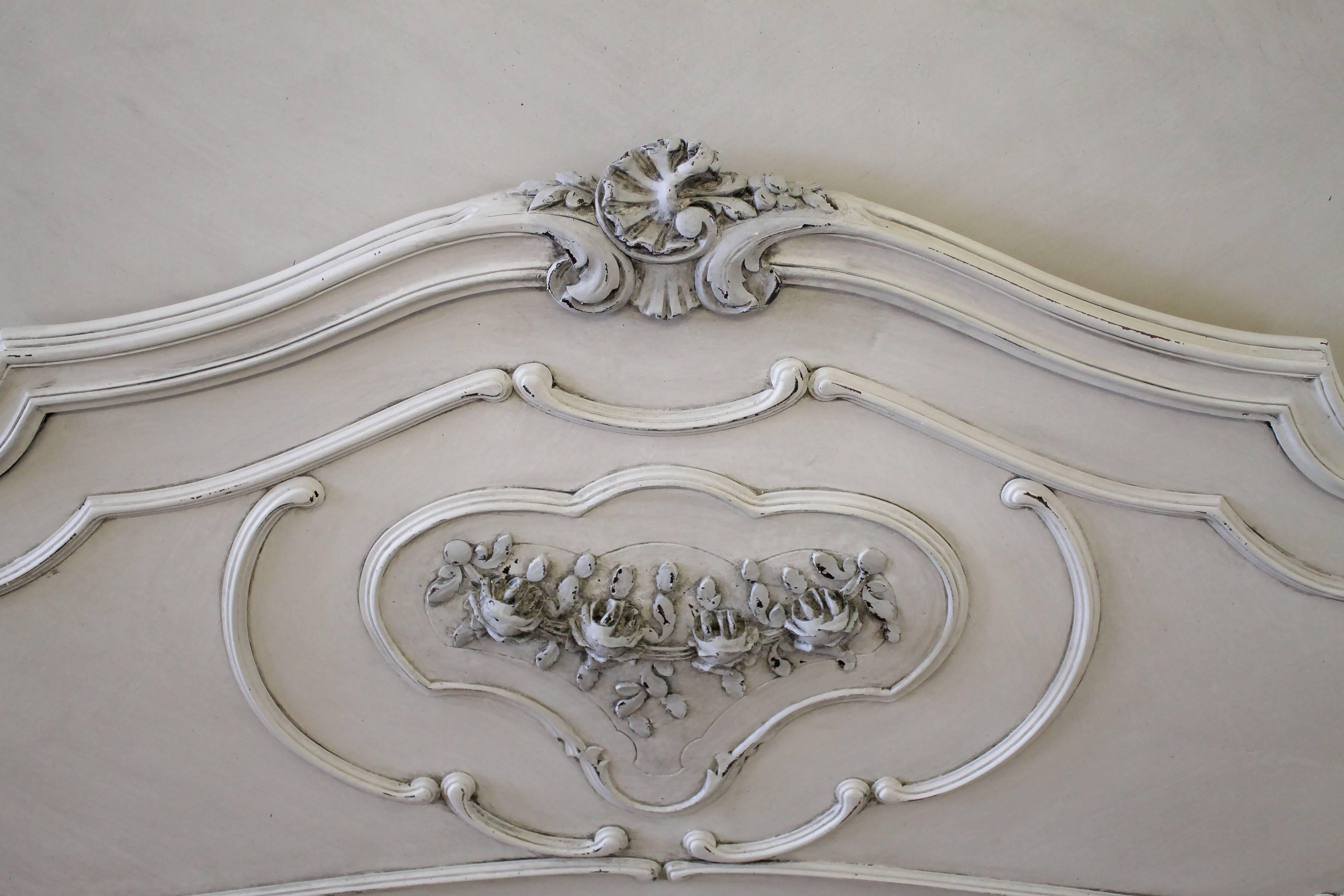 20th Century Antique White Painted French Louis XV Style Walnut Carved Queen French Bed