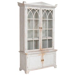 Antique White Painted Gothic Bookcase Display Cabinet from Sweden