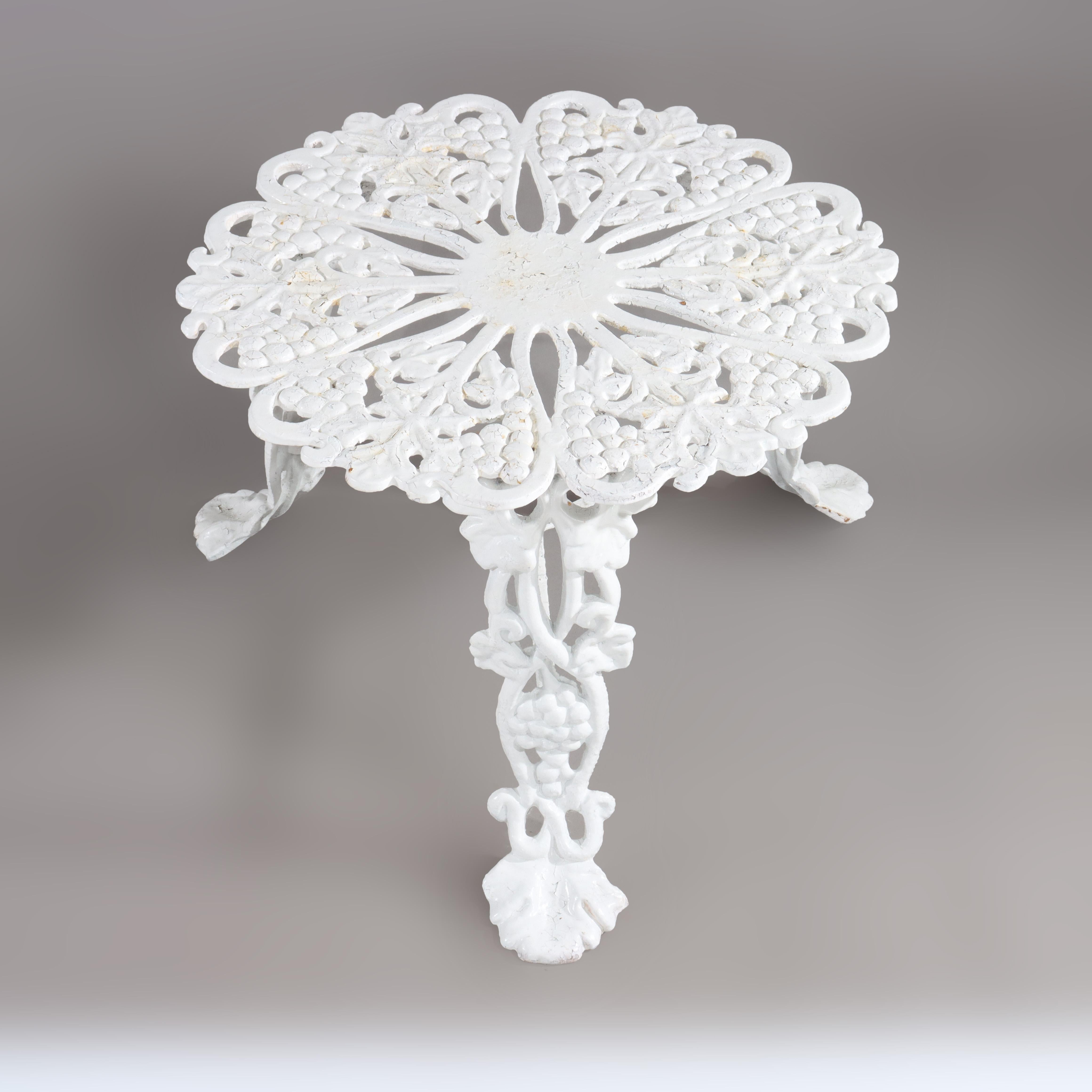 Antique White Painted Grape & Leaf Wrought Iron Garden Side Table  c1890 In Good Condition For Sale In Big Flats, NY